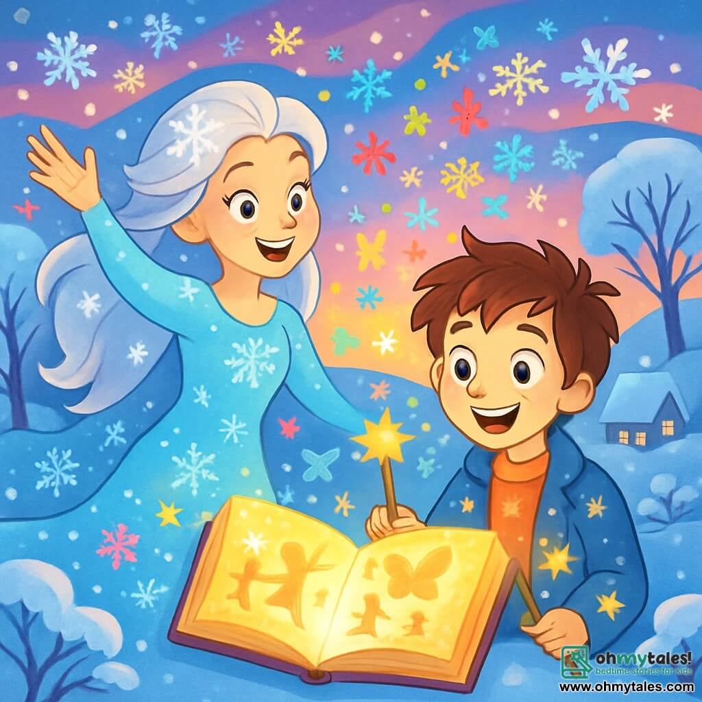 The Snow Queen, a majestic woman with shimmering silver hair, wears a sky-blue dress adorned with sparkling snowflakes. Her face radiates joy and surprise, her eyes shining like stars. She dances gracefully amidst a whirlwind of colorful snowflakes. Beside her, Leo, a young boy of about 10 with messy brown hair and a starry coat, smiles in wonder. He holds a magic wand that sparkles with golden light, ready to cast new spells. The setting is an enchanting winter landscape, with trees laden with snow, a sky vibrant with pastel colors, and a sleepy village in the background, illuminated by twinkling lanterns. The main scene shows the Snow Queen and Leo discovering a magical grimoire that glows, revealing images of joy and freedom, while snowflakes transform into sparkling butterflies around them.