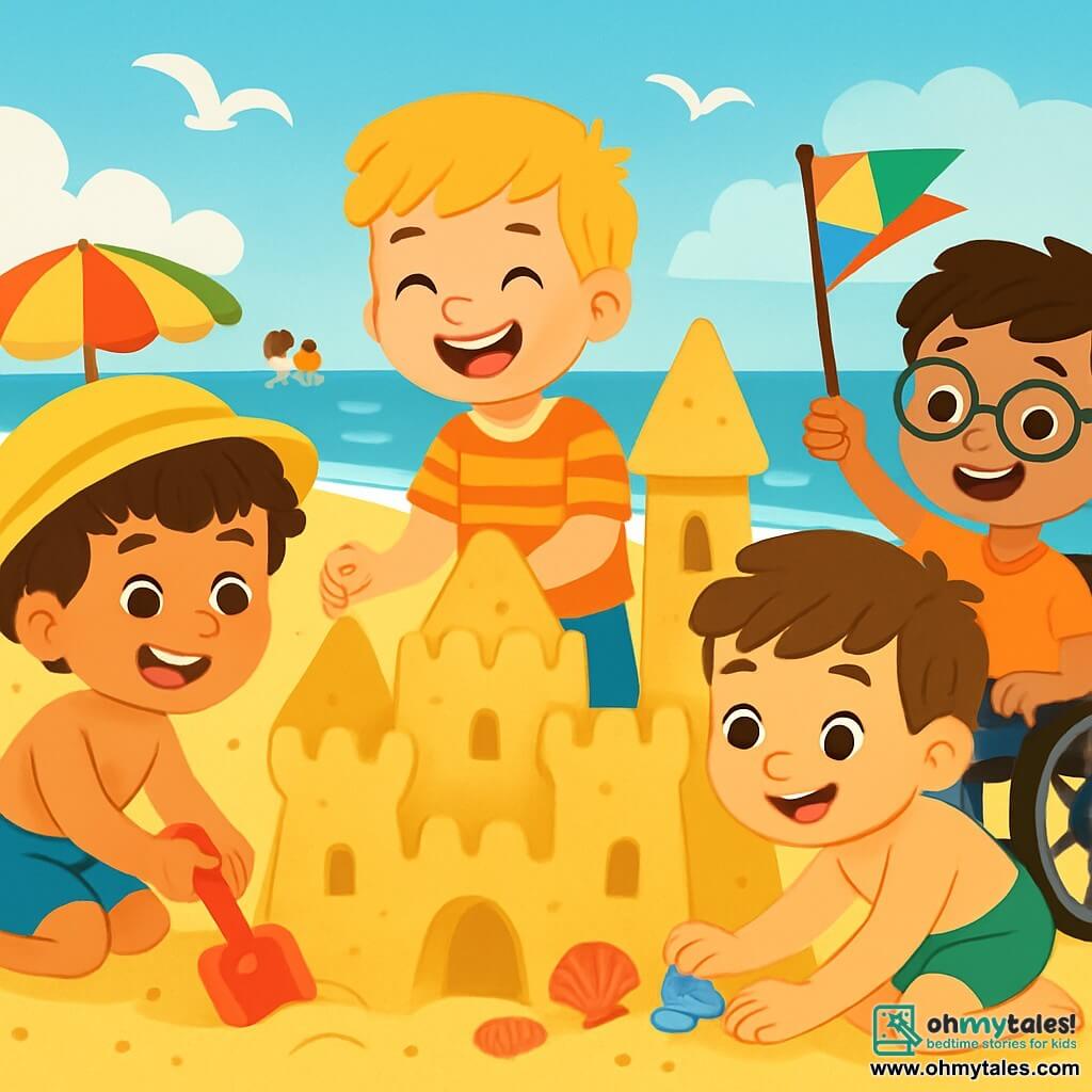 There are 4 children: Tom, a 5-year-old boy with curly brown hair, wearing a blue swimsuit and a yellow sun hat, happily digging in the sand with a red shovel; Max, a tall and slim 5-year-old with blonde hair and a striped t-shirt, standing next to Tom, pinching sand to shape it while laughing; Leo, a 5-year-old with brown hair and a big smile, wearing a green swimsuit, crouched down decorating a sandcastle with colorful shells, his eyes sparkling with excitement; and Sam, a 5-year-old in a wheelchair, with black hair and glasses, slightly behind, holding a colorful flag he made and encouraging his friends with a big smile. The setting is a beautiful sunny beach with golden sand sparkling in the sun, blue waves in the background, seagulls flying in a clear sky, colorful umbrellas planted in the sand, and families joyfully swimming in the sea. The main scene shows the children building a large sandcastle with tall towers and deep moats, laughing together, sharing ideas and tools, creating a moment of camaraderie and summer joy.