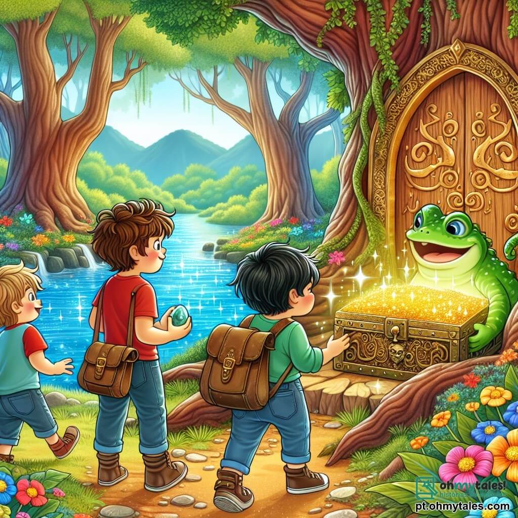 Três meninos de quatro anos, Lucas, Pedro e João, estão no centro da cena. Lucas, com cabelos castanhos bagunçados e uma camiseta vermelha, olha maravilhado para uma pedra brilhante em sua mão. À sua direita, Pedro, com cabelos loiros e uma camiseta azul, sorri segurando um velho pedaço de papel que parece um mapa. À esquerda, João, com cabelos negros e uma camiseta verde, aponta para uma grande porta de madeira adornada com padrões mágicos, com os olhos brilhando de empolgação. A cena acontece em uma floresta encantada, onde árvores majestosas se erguem em direção ao céu, suas folhas brilhando sob a luz do sol. Flores coloridas cobrem o chão, e um lago mágico, de um azul vibrante, reflete os raios do sol. Ao fundo, uma pequena colina se ergue, acrescentando à beleza da paisagem. Os três amigos descobrem um tesouro escondido em um baú dourado, cercado por pedras brilhantes, enquanto um sapo gigante e amigável, o Guardião da Ponte, os observa com um sorriso. Eles estão prestes a resolver um enigma para passar e alcançar seu objetivo, cheios de entusiasmo e aventura.