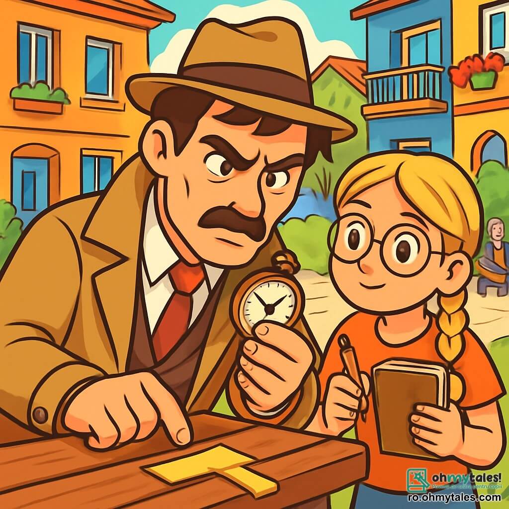Un bărbat detectiv, Victor, de aproximativ 30 de ani, cu părul brun dezordonat și o mustață îngrijită, poartă un trench-coat bej și o pălărie fedora. Fața lui exprimă o determinare intensă, cu sprâncenele încruntate și ochi pătrunzători, în timp ce examinează cu atenție un ceas de buzunar vechi în mână. Lângă el, o fetiță, Ana, de aproximativ 10 ani, cu părul blond împletit și ochelari rotunzi, se uită cu curiozitate, ținând un carnet de note. În fundal, o curte de cartier animată, plină de clădiri colorate, balcoane înflorite și bănci din lemn, unde copii se joacă și vecini discută. Scena îl arată pe Victor descoperind un indiciu crucial, o bandă adezivă, pe o bancă din lemn, în timp ce Ana îl observă cu entuziasm, pregătită să-l ajute în ancheta sa.