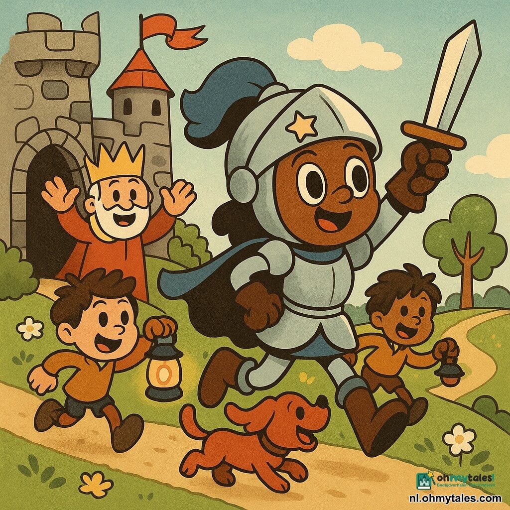 Een ridderes met rond glimlachend gezicht, grote heldere ogen, zilveren maliënkolder en helm met kleine ster, blauw vliegend mantel en geheven kort zwaard kijkt zelfverzekerd naar de horizon; achter haar bij de kasteeldeur staat een ongeveer 50-jarige koning met korte witte baard en te grote gouden kroon die bemoedigend zijn hand heft, een ongeveer 8-jarige page met warrig bruin haar rent naast haar met een gele lantaarn, een kleine rossige hond kwispelt aan haar voeten; het decor is een oud grijsstenen kasteel op een groene heuvel met mosrijke stenen en een ronde toren met rode vlaggen, drie lichtende zandpaden slingeren tussen bloeiende heuvels en ronde bomen onder een helderblauwe lucht.