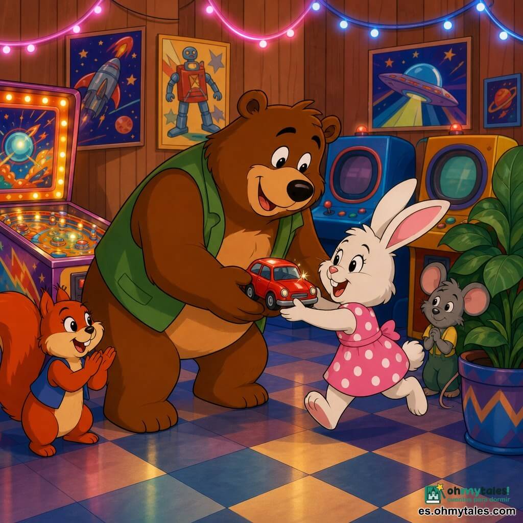 Un gran oso pardo llamado Bruno, de sonrisa suave y ojos redondos, le entrega una pequeña cochecito rojo a su amiga Pepita, una conejita blanca de vestido rosa con lunares, que corre feliz a abrazarlo; medio escondido tras una gran planta decorativa, el ratoncito gris Peque, algo avergonzado pero aliviado, observa la escena, mientras la ardilla Lila de pelaje rojizo aplaude junto a una vieja máquina de pinball en una sala de arcade acogedora y colorida con suelos en damero, pósteres retro y luces neón.