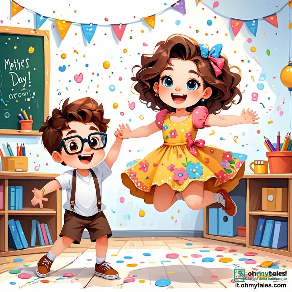 Una bambina di 6 anni, Sofia, con capelli ricci color caramello e occhi blu brillanti, salta di gioia in un'aula decorata per la festa della mamma. Indossa un vestito colorato con motivi floreali e un grande sorriso illumina il suo viso, mostrando la sua eccitazione. Accanto a lei, il suo amico Marco, un ragazzo di 6 anni con capelli castani disordinati e occhiali tondi, tiene un grande pallone a forma di cuore e ride guardando Sofia. Più lontano, Giulia, una ragazza di 6 anni con capelli lunghi e lisci, indossa una gonna rosa e sta disegnando un grande cartello con cuori e fiori per la festa. L'aula è piena di decorazioni colorate: palloni, festoni di carta e disegni appesi ai muri, creando un'atmosfera gioiosa e festosa. Sui tavoli ci sono piatti di biscotti e frittelle in attesa di essere gustati. La scena principale mostra Sofia e i suoi amici che preparano una sorpresa per la festa della mamma, con risate e grida di gioia mentre decorano l'aula e si preparano ad accogliere le loro mamme.