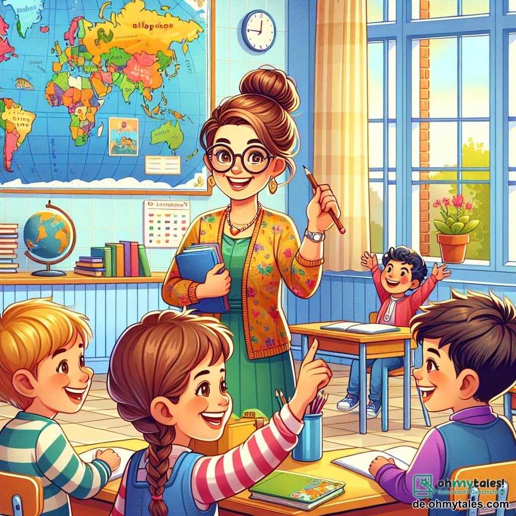 Eine lächelnde Lehrerin in den Dreißigern mit braunen, zu einem Dutt gebundenen Haaren trägt eine bunte Bluse und runde Brillen. Sie steht vor einer großen Weltkarte an der Wand, ihre Augen funkeln vor Begeisterung, während sie ihre Schüler ermutigt, ihre Ideen zu teilen. Neben ihr hebt ein 8-jähriger Junge mit einer roten Mütze und einem gestreiften T-Shirt mit einem breiten Lächeln die Hand, gespannt darauf, über sein Lieblingsthema, Dinosaurier, zu sprechen. Ein anderes Kind, ein 9-jähriges Mädchen mit Zöpfen und einem lila Pullover, beobachtet aufmerksam, hält einen Bleistift und ein Notizbuch in der Hand, bereit zu zeichnen. Die Szene spielt in einem hellen Klassenzimmer mit gelb gestrichenen Wänden, Fenstern, die Sonnenlicht hereinlassen, und bunten Lernplakaten. Holztische sind im Kreis angeordnet, und Bücher liegen auf den Tischen verteilt. Die Hauptsituation zeigt die Lehrerin und ihre Schüler in einer lebhaften Diskussion, jeder teilt enthusiastisch seine Ideen und schafft eine Atmosphäre von Neugier und fröhlicher Zusammenarbeit.