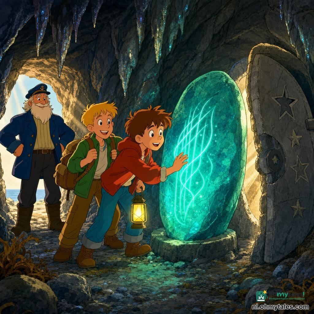 Een warm, dynamisch cartoonbeeld van twee jongens en een oude kapitein in een vochtige grot: Jasper, circa 10 jaar, rond gezicht en warrig bruin haar, houdt een gele lantaarn en toucheert voorzichtig een grote ovale steen die turquoise gloed en trillende lichtdraden uitstraalt; Tom, iets ouder en blond, staat achter hem met een rugzak klaar om te helpen; kapitein Lars, ongeveer 60, met witte baard en blauwe zeemansjas, staat bij de grotopening met handen in de zij en een trotse glimlach; de donkere rotswanden glinsteren van mineralen, een deels geopende stenen deur met stervormige knoppen laat warme stralen binnen — sfeer van avontuur, ontdekking en verwondering.