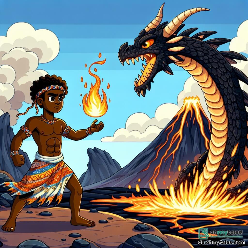 Kofi, ein Mann in seinen Dreißigern, steht mutig am Rand eines Vulkans, sein Gesicht entschlossen und seine Augen leuchtend vor Mut. Er hat eine warme braune Haut, lockiges Haar und trägt einen bunten Lendenschurz mit afrikanischen Mustern. In seiner Hand hält er eine tanzende Flamme, Symbol seiner Herausforderung gegenüber dem Drachen. In der Nähe ist Kijani, der majestätische Drache, ein imposantes Wesen mit glühenden Schuppen und durchdringenden Augen. Er brüllt, seine Flügel sind ausgebreitet und werfen einen Schatten auf Kofi, während er sich darauf vorbereitet, Feuer zu speien. Die Szenerie zeigt einen aktiven Vulkan mit schimmernden Lavaflüssen und schwarzen Felsen, die einen Kontrast zum strahlend blauen Himmel bilden. Rauchwolken steigen auf und verleihen der Szene eine dramatische Atmosphäre. Die Hauptsituation zeigt Kofi, der mutig Kijani in einem Feuerduell herausfordert, was seine Suche symbolisiert, das Herz des Feuers zu erlangen und die Gerechtigkeit in seinem Dorf wiederherzustellen.