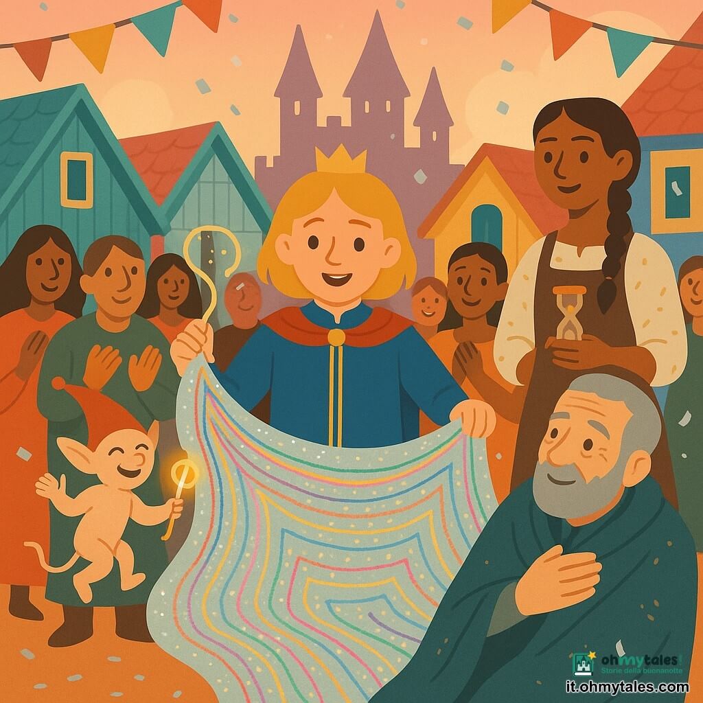 Principe Elian, ragazzo di circa 12 anni dal viso rotondo e capelli biondo miele sopra le spalle, espressione gioiosa, tiene e apre una grande coperta colorata ricamata con fili arcobaleno e paillettes; Piumino, piccolo folletto non umano grande come un gatto con cappello con campanellini rosso e pelle pesca, salta accanto a lui tenendo un filo di seta cantilenante; un vecchio di circa 70 anni con barba grigia corta è seduto in primo piano avvolto in un angolo della coperta, viso sollevato e commosso; Lira, apprendista sarta di circa 16 anni con treccia e camicetta macchiata d'oro, sta dietro il principe sorridente e orgogliosa. La piazza del villaggio lastricata è circondata da case di legno dai toni pastello, ghirlande di tessuto sospese e le torri del castello sullo sfondo sotto un cielo crepuscolare rosa-arancio; la coperta magica è stesa al centro con gli abitanti riuniti attorno, gesti calorosi, coriandoli argentati che cadono, luce morbida, ombre nette e dettagli ricamati ben visibili; colori vivaci ma delicati, contorni puliti e composizione centrata sui volti felici e sulla coperta.