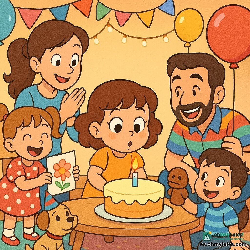 Niña de 2 años de rostro redondo y rizos castaños cortos sopla una vela sobre un pastel de vainilla; detrás, su madre con coleta sonriente aplaude, a la derecha Paco, el padre con barba y camisa colorida, agachado sujetando un gran globo rojo; a la izquierda, una amiga de 4 años con vestido de lunares ofrece un dibujo desde una silla, delante un niño de 5 años de camiseta a rayas arrodillado con una marioneta de tela, y a los pies de la niña el perro pequeño Lilo de pelaje beige con un mini gorro de fiesta; salón cálido con guirnaldas y globos multicolores, luces colgantes, mesa baja y alfombra, ambiente de pastel soplado, tonos pastel vivos, estilo cartoon años 90, líneas claras, sombras suaves, texturas simples, composición centrada en la niña y el pastel.