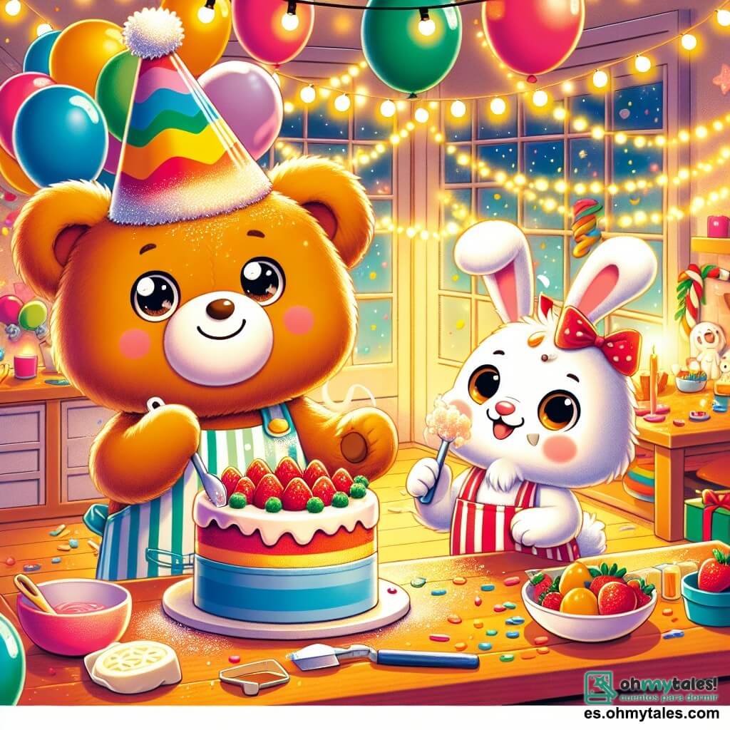 Un pequeño oso de peluche llamado Tito, con un suave pelaje marrón y ojos brillantes de alegría, lleva un gran sombrero de fiesta colorido que dice "Feliz Año Nuevo". Está decorando una habitación luminosa con globos multicolores y serpentinas brillantes, mostrando una gran sonrisa en su rostro. Junto a él, un pequeño conejo llamado Pepito, con pelaje blanco y orejas grandes, mezcla ingredientes en un gran bol, riendo con entusiasmo. Lleva un delantal de cocina a rayas y tiene harina en la nariz, añadiendo un toque cómico a la escena. La habitación es cálida y acogedora, con guirnaldas luminosas en las paredes, una gran mesa decorada con confeti y un delicioso pastel de fresas en el centro, listo para ser degustado. La situación principal muestra a Tito y Pepito en plena preparación de la fiesta de Año Nuevo, rodeados de decoraciones festivas, listos para recibir a su familia para una noche llena de risas y alegría.