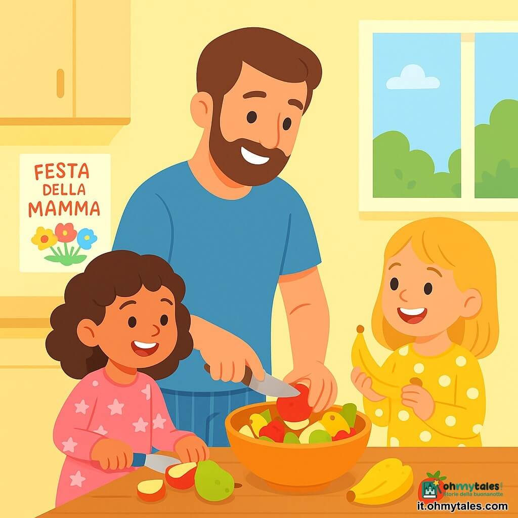Ci sono 3 personaggi: - Marta: una bambina di 4 anni, con capelli castani e ricci, che indossa un pigiama rosa con stelle. È in piedi a sinistra, tenendo un piccolo coltello di plastica per tagliare la frutta. - Sofia: una bambina di 4 anni, con capelli biondi e lisci, che indossa un pigiama giallo a pois. È a destra di Marta, sorridente e tiene una banana che ha appena spremuto. - Papà: un uomo di circa trent'anni, con capelli castani e una leggera barba, indossa una maglietta blu e pantaloni da pigiama. È al centro, mentre taglia delle mele in una ciotola, guardando le ragazze con un sorriso benevolo. Il luogo è una cucina luminosa, con pareti dipinte di giallo pastello e una grande finestra che lascia entrare la luce del mattino. Sul tavolo di legno, c'è una grande ciotola piena di frutta colorata: mele rosse, banane gialle, pere verdi e fragole succose. Un disegno colorato è appeso al muro, che rappresenta la festa della mamma. La situazione principale mostra i tre personaggi intenti a preparare una sorpresa per la festa della mamma. Marta e Sofia si affaccendano gioiosamente attorno al tavolo, mentre Papà le aiuta, creando un'atmosfera di complicità e amore. Le ragazze ridono e si scambiano sguardi complici, mentre la cucina è piena di colori vivaci e buon umore.