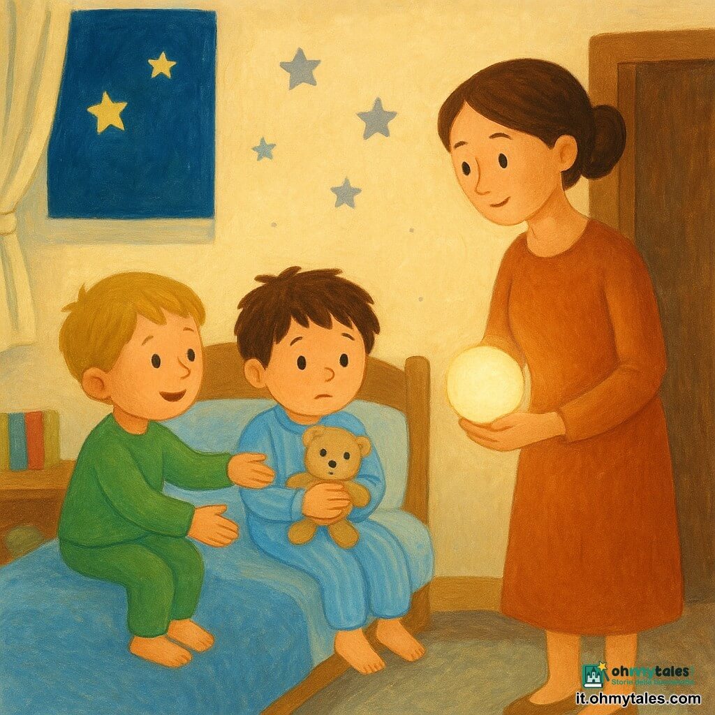 Ci sono tre personaggi: Leo, bambino di 4 anni, capelli castani scompigliati, guance rotonde, pigiama a righe azzurro, tiene un orsetto beige al petto e sta al centro del letto vicino alla finestra; Tom, bambino di 4 anni, capelli biondi corti, sorriso dolce, pigiama verde, seduto a sinistra del letto che prende la mano di Leo per rassicurarlo; la madre, circa 30 anni, capelli castani raccolti in uno chignon, volto calmo, veste semplice, in piedi vicino alla porta con una piccola lucina notturna rotonda accesa nella mano destra che crea un alone caldo e ombre morbide. Ambientazione: camera infantile accogliente vista in prospettiva tre quarti, pareti crema, adesivi di stelle argentate vicino alla finestra, tenda leggera socchiusa su un cielo notturno con due stelle, tappeto grigio soffice sotto il letto, mensole basse con qualche libro e un trenino di legno. Situazione: scena dolce e rassicurante, i due bambini sul letto uno con l'orsetto e l'altro che gli prende la mano, atmosfera notturna calma, colori pastello, texture che richiamano la gouache, linee morbide e forme semplici per un effetto infantile e rassicurante.
