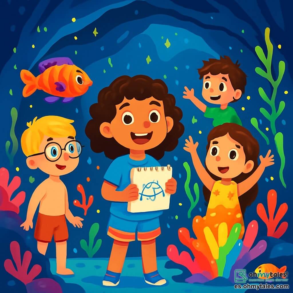 Hay 4 niños: - Lucía: una niña de 7 años con cabello rizado y castaño, lleva una camiseta azul y un short colorido, está llena de energía y sonríe con entusiasmo. Se encuentra en el centro, sosteniendo un cuaderno de bocetos. - Martín: un niño de 7 años, con cabello rubio y gafas, vestido con un bañador rojo, observa con curiosidad un pez colorido que nada cerca de él. Está ligeramente adelante a la izquierda. - Valeria: una niña de 7 años con cabello largo y liso, lleva un vestido de flores, está maravillada por las algas fluorescentes que flotan a su alrededor. Está a la derecha de Lucía, con los brazos levantados en señal de asombro. - Diego: un niño de 7 años, con cabello castaño despeinado, vestido con una camiseta verde, está señalando un gran coral arcoíris que brilla al fondo de la escena. Está ligeramente atrás a la derecha. El lugar se desarrolla en una caverna submarina mágica, llena de corales coloridos, peces multicolores y luces centelleantes que bailan en las paredes. Las algas verdes y doradas flotan suavemente en el agua clara, creando una atmósfera encantada. La situación principal muestra a los niños maravillados, explorando este fascinante mundo submarino, rodeados de criaturas marinas amigables y descubriendo el magnífico coral arcoíris que brilla en el centro de la escena.
