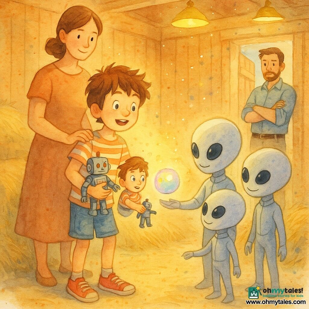 An 8-year-old boy, Milo, with messy brown hair, a striped T‑shirt and red sneakers holds a toy robot in one arm and gazes at a floating glowing orb as three child‑sized pearlescent aliens in silver suits offer a small translucent memory orb; his mother (about 35) stands behind him left with a gentle smile and hands on his shoulder, his father (36–40) stands right by the hangar door with folded arms and a protective amused expression; the warm, tidy wooden hangar with stacked hay, a swept floor and hanging golden lights, dust motes and pastel tones creates a soft contrast between the wood’s warmth and the aliens’ silver glow, conveying a tender curious exchange.