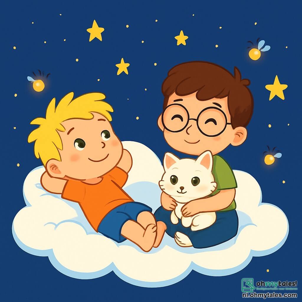 Er zijn 3 personages: - Lars: een 6-jarig jongetje met messy blond haar en sprankelende ogen. Hij ligt op een grote, zachte, pl fluffy witte wolk, glimlachend en naar de lucht kijkend. - Sam: een 5-jarig jongetje met bruin haar en ronde bril. Hij zit naast Lars, met gekruiste benen, en houdt een klein wit kitten in zijn armen. - Het kitten: een klein wit kitten met heldere groene ogen en een donzige vacht. Het ligt tegen Sam aan en spint zachtjes. De locatie speelt zich af in een sterrenhemel, waar een enorme donzige wolk vredig zweeft. De sterren twinkelen om hen heen en verlichten de lucht met een zachte gouden gloed. Kleine vuurvliegjes dansen rond de wolk en creëren een magische en serene sfeer. De belangrijkste situatie toont Lars en Sam, liggend op de wolk, luisterend naar het zachte gespin van het kitten. Ze ademen diep in, hun gezichten ontspannen, terwijl de sterren boven hen stralen en een gevoel van rust en geluk brengen.