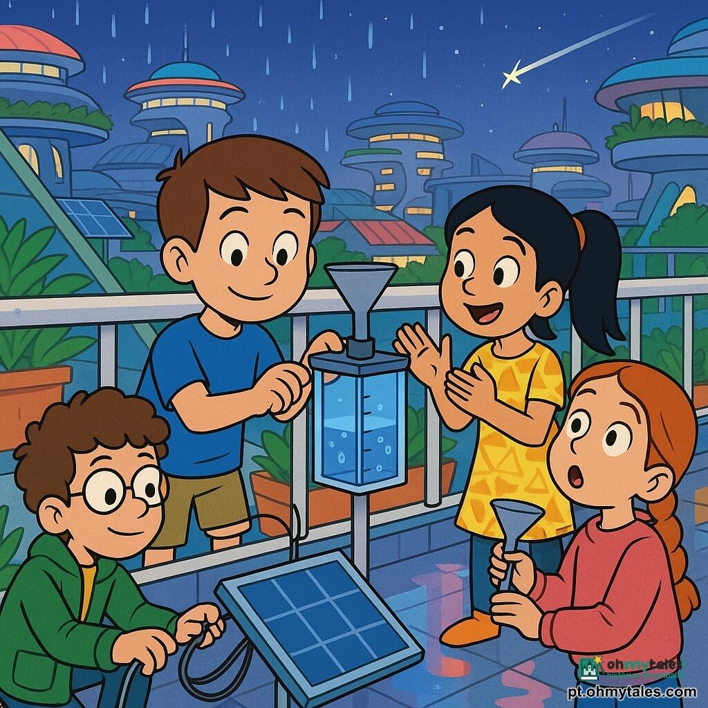 Há 4 crianças: Davi, menino de 8 anos, cabelos castanhos curtos, camiseta azul e shorts cáqui, segura um pequeno sensor de chuva de plástico na grade do balcão, ao centro-esquerda, olhando a régua de água com sorriso concentrado; Laura, menina de 8 anos, cabelos pretos longos em rabo de cavalo, vestido amarelo com padrões geométricos, aplaude e aponta para a caixa de armazenamento de água, à direita de Davi; Tomás, menino de 8 anos, cabelos castanhos cacheados, óculos redondos, jaqueta verde com bolso de ferramentas, agacha à esquerda do protótipo e ajusta fios do painel solar; Júlia, menina de 8 anos, cabelos ruivos trançados, moletom rosa, segura um pequeno funil e olha o céu estrelado, à direita, com expressão de maravilha. Lugar: um balcão de apartamento no décimo andar numa cidade futurista, grade metálica branca, floreiras com plantas, vista de telhados coloridos, prédios arredondados com jardins suspensos e painéis solares, céu pós-chuva com reflexos no asfalto e poças coloridas; situação: as crianças observam seu protótipo de sensor de chuva que coleta gotas numa caixa transparente, gotas caem por um tubo e a régua mostra água, ambiente alegre e colaborativo, luz suave pós‑averse e uma estrela cadente no canto superior direito do céu.