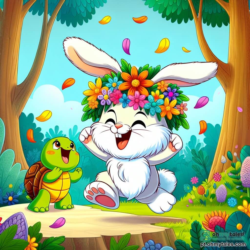 Um coelho chamado Pipo, com grandes orelhas e pelagem branca e macia, usa um chapéu colorido feito de flores e exibe um grande sorriso alegre. Ele está saindo de um arbusto de flores, com pétalas voando ao seu redor, após fazer um salto divertido. Ao lado dele, Tuca, uma pequena tartaruga verde com uma carapaça brilhante, ri alto, seus olhos brilhando de malícia, enquanto se apoia em uma pedra plana, aplaudindo Pipo. Ao fundo, a floresta encantada está cheia de árvores com troncos grossos, flores coloridas e um céu azul radiante, criando uma atmosfera alegre e vibrante. A cena principal mostra Pipo, o coelho, que acaba de realizar um salto cômico e inesperado, provocando risadas e alegria entre seus amigos animais.