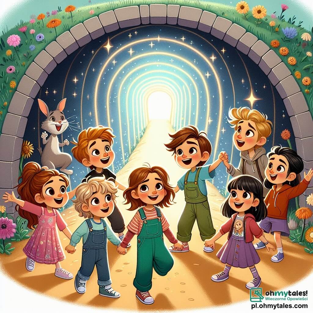 W centrum obrazu pięcioro dzieci trzyma się za ręce, gotowych do wejścia do magicznego tunelu. Ania, 8-letnia dziewczynka z długimi brązowymi włosami w różowej sukience, z zachwytem patrzy na błyszczący tunel. Po jej prawej stronie Tomek, 9-letni chłopiec z rozczochranymi blond włosami, w niebieskiej koszulce, uśmiecha się z ekscytacją. Obok niego Kasia, 7-letnia dziewczynka z rudymi warkoczami, w zielonym ogrodniczkach, wskazuje na tunel. Z drugiej strony Piotrek, 8-letni chłopiec z brązowymi włosami, w czerwonej bluzie z kapturem, szeroko się uśmiecha, podczas gdy Maja, 6-letnia dziewczynka z czarnymi włosami w fioletowej sukience, patrzy na tunel z szeroko otwartymi oczami. Tunel w tle jest jasny i błyszczący, otoczony kolorowymi kwiatami i zielonymi drzewami, tworząc magiczną i czarującą atmosferę. Multikolorowe światła emanują z tunelu, dając wrażenie, że jest on żywy. Dzieci, pełne ekscytacji i ciekawości, są gotowe zrobić krok naprzód, aby wejść do tunelu, symbolizując swoją podróż w czasie do niesamowitych przygód.