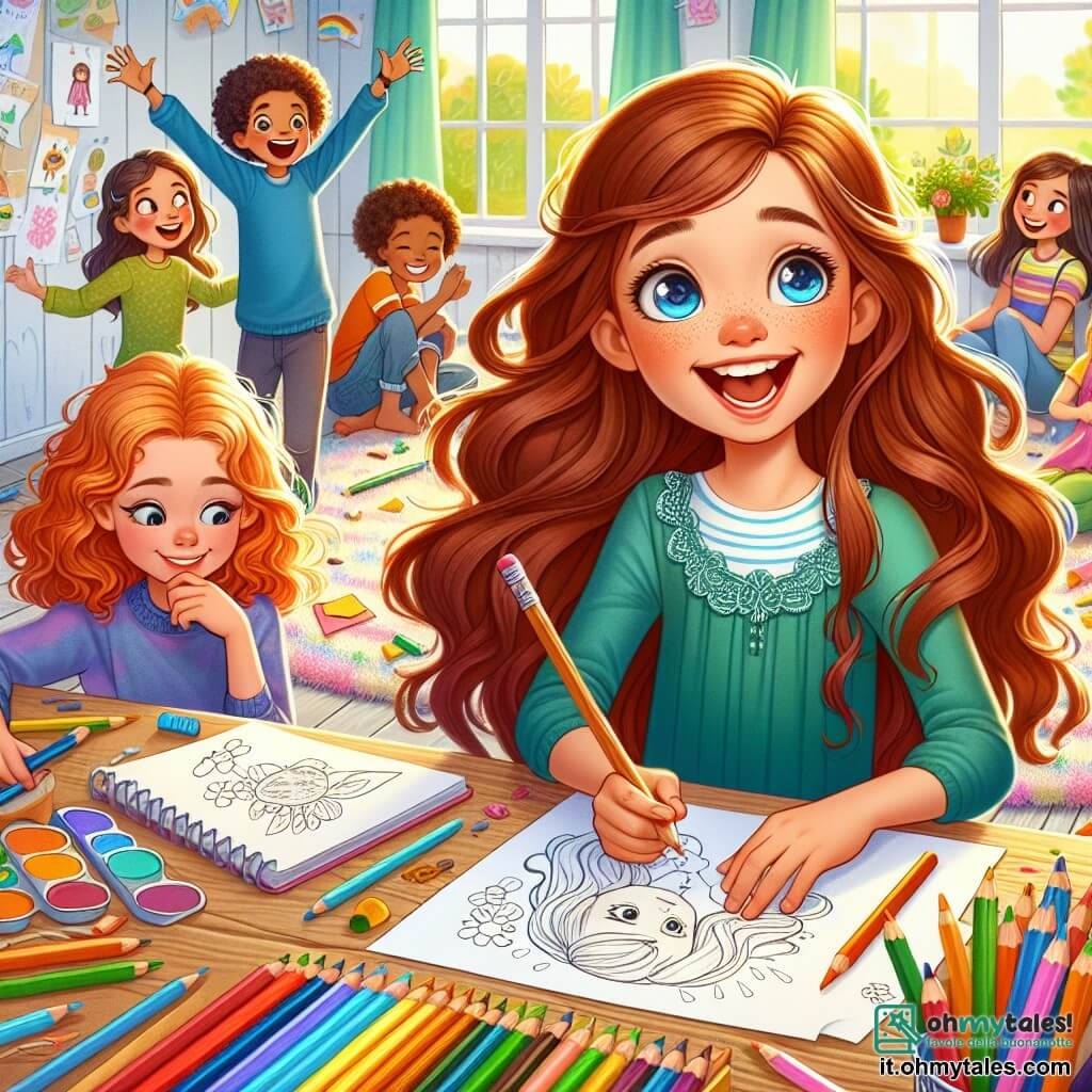 Una ragazza di 12 anni, Sofia, con lunghi capelli castani, occhi pieni di curiosità e un sorriso radioso, è seduta a un tavolo di legno, circondata da pastelli e fogli di carta. Disegna con passione, il suo viso illuminato dall'eccitazione e dalla creatività. Accanto a lei, Chiara, un'altra ragazza di 12 anni con capelli ricci e biondi, osserva con meraviglia il disegno di Sofia, tenendo un taccuino tra le mani. Sullo sfondo, un gruppo di bambini, tutti di circa 12 anni, si diverte giocando a giochi da tavolo colorati su un tappeto soffice, ridendo e scambiando idee. Il luogo è un'aula luminosa, con pareti decorate da disegni di bambini, finestre che lasciano entrare la luce del sole e piante verdi che aggiungono un tocco di freschezza. La scena principale mostra Sofia e i suoi amici che si divertono insieme, scoprendo la gioia di creare senza schermi, circondati da colori e risate.