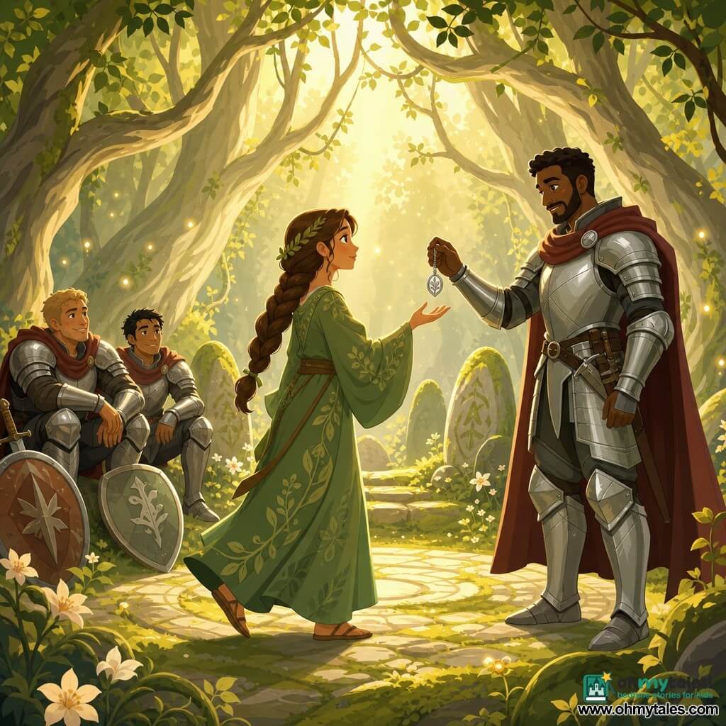 Main woman: Elara, ~20–25, soft determined face, long brown hair in a braid, simple green leaf-patterned dress, grateful serene expression, walking toward a clearing with her hand outstretched; Secondary: Sir Cedric, ~35–40, kindly knight in polished silver armor and brown-red cape, standing to Elara’s right offering a small silver pendant; Other secondary: two knights, ~25–40, slightly scratched armor, shields on the ground, seated rear left resting and admiring; Setting: secret clearing in an ancient grove, round mossy stones, pale flowers and vines, soft golden morning light with fireflies, twisted pale-trunk trees forming an arch; Main scene: revelation of the sanctuary at dawn—Elara guides the knights to an illuminated stone circle, magical peaceful mood, warm colors and soft contrasts, composition centered on the pendant exchange.