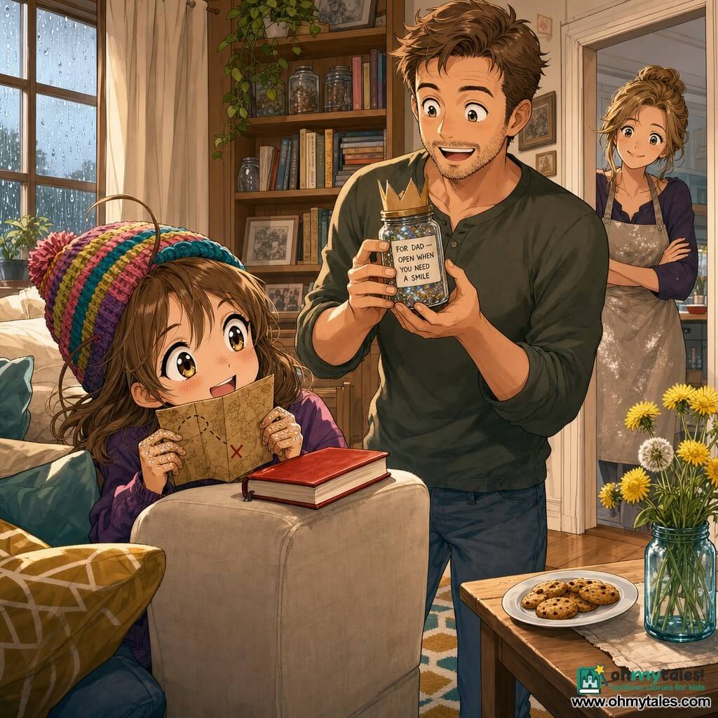 An 8-year-old girl, joyful and proud, with mid-length brown hair and a rebellious strand, wearing a colorful knitted beanie, hides behind the couch holding a folded treasure map; a smiling, surprised 38-year-old father with short chestnut hair and light beard stands by the armchair where a red book fell, holding a small ribbed glass jar labeled FOR DAD — OPEN WHEN YOU NEED A SMILE; a 36-year-old mother in a flour-stained apron watches from the doorway with a kind smile; the warm, bright living room has a cream fabric sofa, geometric rug, wooden coffee table with a plate of cookies and a dandelion vase, a rainy window and shelves with books and jars; the main moment is the discovery of the memory jar as the father opens the red book and pulls out the jar while the girl beams holding the map and the mother looks on — tender, warm colors, soft contrasts, manga-style exaggerated expressions, a paper crown on the jar, colorful notes inside and a little glitter glue on the girl's fingers.