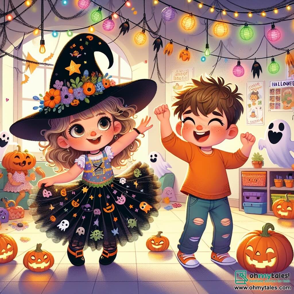 A 4-year-old girl named Lily, with big bright eyes and curly brown hair, smiles in wonder. She wears a colorful witch costume, complete with a pointed hat and a black tulle skirt. She joyfully dances in a Halloween-decorated classroom, surrounded by ghost garlands and smiling pumpkins. Next to her is her best friend Max, a 5-year-old boy with messy blonde hair and an orange t-shirt, laughing and waving his arms. He wears a funny monster mask and seems ready to dance with her. The scene takes place in a school classroom, where the walls are adorned with Halloween drawings, paper lanterns, and sparkling spider webs. Colorful lights float in the air, creating a magical and festive atmosphere. Lily and Max dance with friendly ghosts floating around them, laughing and having fun together in a cheerful and playful ambiance, celebrating the spirit of Halloween with bright smiles.