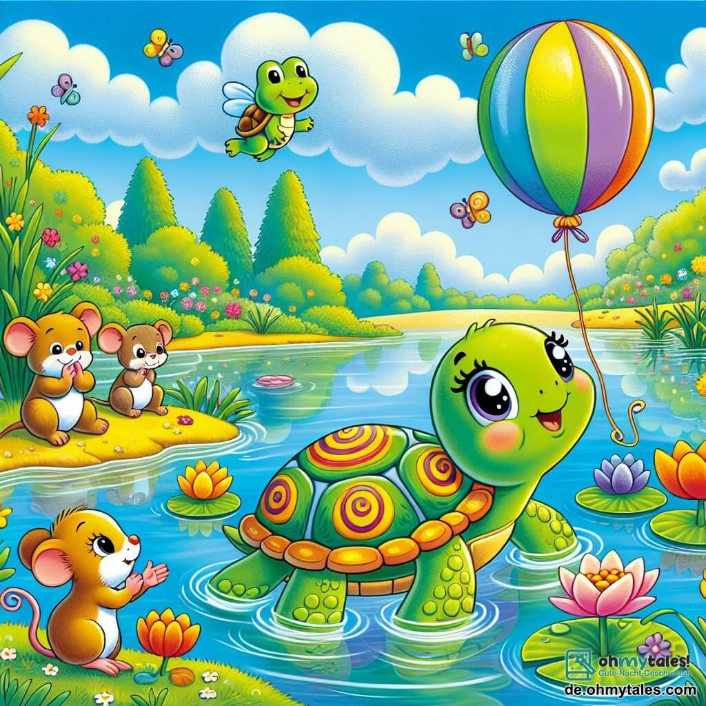 Eine kleine grüne Schildkröte namens Tilda, mit einem sanften Lächeln und funkelnden Augen, schwimmt langsam in einem glitzernden Teich. Ihr Panzer ist mit spiralförmigen Mustern verziert, und sie wirkt entschlossen und fröhlich. Neben ihr sitzt ein kleiner Frosch namens Fips, mit glänzender grüner Haut und großen runden Augen, bewundernd auf einem Seerosenblatt. Weiter weg applaudiert eine kleine Maus namens Mimi, mit hellbraunem Fell und einem zappelnden Schwanz, während sie am Ufer sitzt. Der Teich ist von bunten Blumen und großen Bäumen mit grünen Blättern umgeben, während der Himmel strahlend blau ist, durchzogen von flauschigen weißen Wolken. Die Szene zeigt Tilda, die einen bunten Ball zurückbringt, der sanft zum Ufer schwebt, während Fips und Mimi sie begeistert anfeuern.