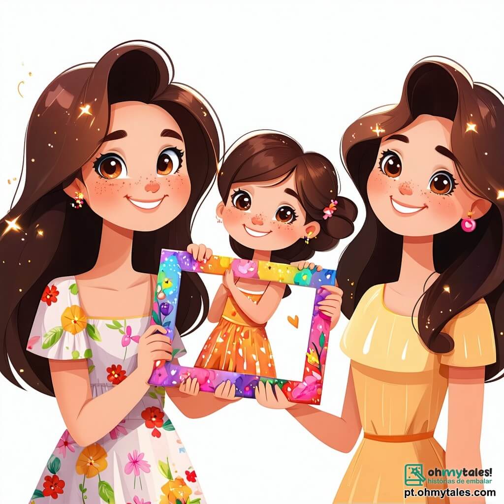 Uma menina de 8 anos, Sofia, com longos cabelos castanhos e olhos brilhantes, está no centro da imagem, sorridente e cheia de emoção, segurando uma moldura colorida que ela fez para sua mãe. Ela usa um vestido leve com flores, e seu rosto expressa uma alegria sincera e um pouco de nervosismo. Ao lado dela, sua mãe, uma mulher de cerca de 35 anos, com cabelos castanhos ondulados e um sorriso caloroso, está sentada no sofá, com os olhos brilhando de surpresa e emoção, olhando o presente que sua filha lhe oferece. O cachorro delas, Bolacha, um pequeno cão de pelagem dourada, está sentado no tapete, com a língua de fora, olhando com curiosidade a moldura colorida. A cena acontece em uma sala iluminada, com paredes pintadas de amarelo pastel, raios de sol filtrando pelas cortinas e almofadas coloridas espalhadas pelo sofá. Sofia, cheia de amor, apresenta orgulhosamente seu presente feito à mão à mãe, criando um momento mágico e tocante do Dia das Mães, repleto de calor e ternura.