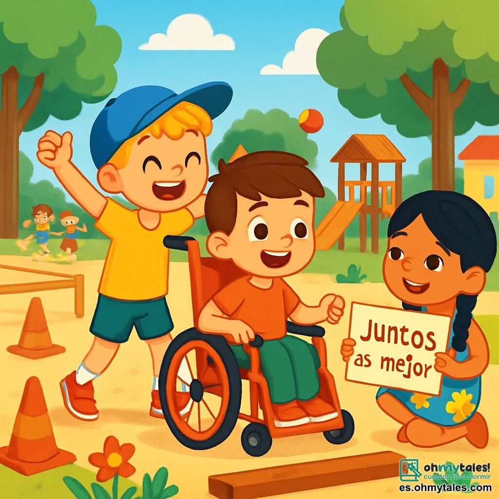 Hay 3 personajes: Mateo, un niño de 5 años con cabello castaño y ojos brillantes, sentado en una bonita silla de ruedas roja, sonriendo con entusiasmo; Pablo, un niño de 5 años con cabello rubio despeinado y una gorra azul, de pie al lado de Mateo animándolo con los brazos en alto; y Sofía, una niña de 5 años con largos cabellos negros trenzados y un vestido colorido con flores, agachada frente a Mateo, sonriéndole amablemente y sosteniendo un pequeño cartel que dice "¡Juntos es mejor!". La escena transcurre en un patio de escuela soleado, rodeado de grandes árboles verdes y flores coloridas, con juegos de madera, pelotas y niños riendo y jugando, creando una atmósfera alegre y acogedora. Mateo, Pablo y Sofía están listos para participar en una carrera de obstáculos, mostrando la importancia de la amistad y la inclusión.