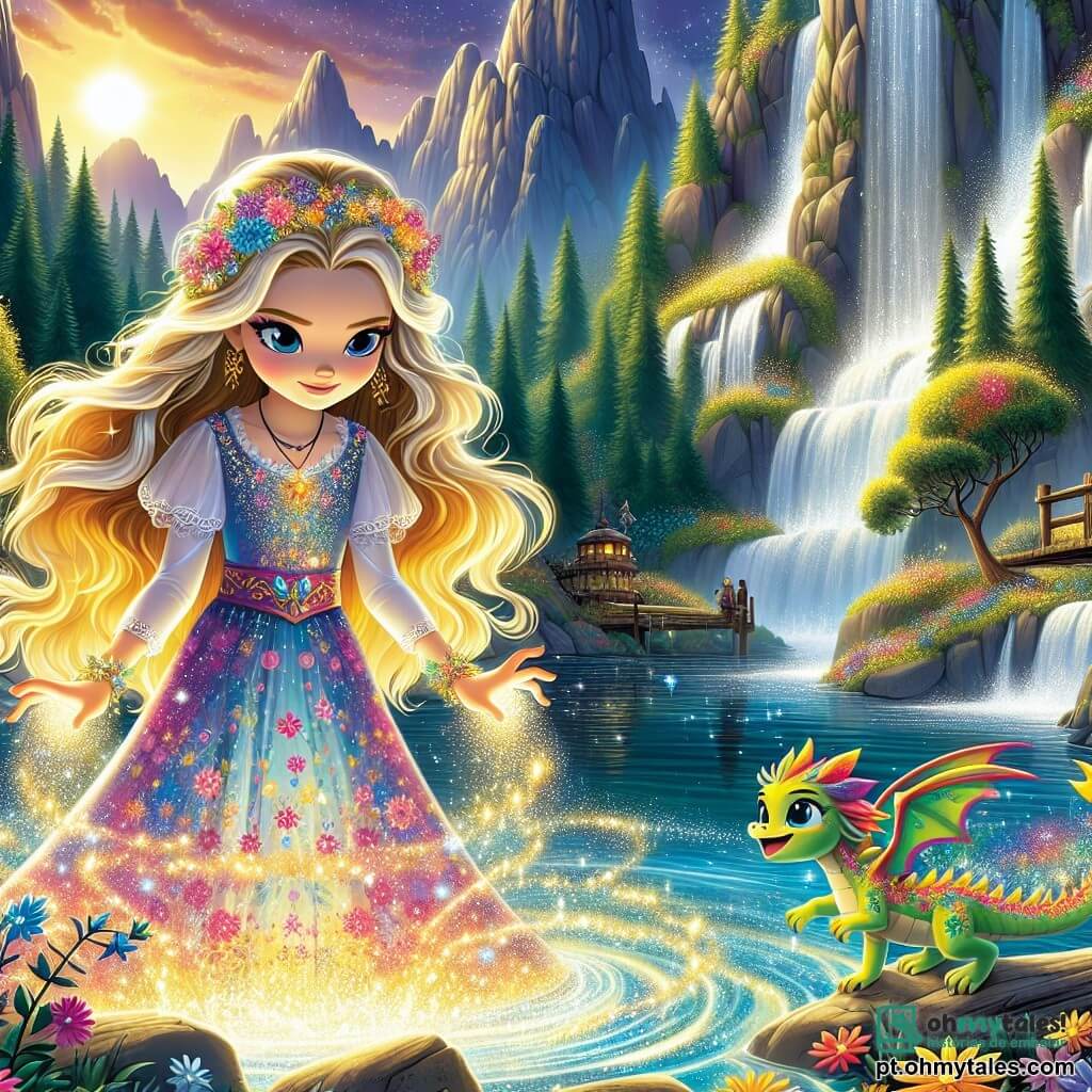 A princesa Lúcia, uma jovem de 11 anos, é retratada com longos cabelos dourados que brilham ao sol, vestida com um vestido colorido adornado com flores. Seu rosto expressa uma determinação corajosa enquanto ela está à beira de uma fonte mágica, com as mãos mergulhadas na água cintilante, cercada por uma aura luminosa. Ao seu lado, Zico, um pequeno dragão de escamas verdes e brilhantes, voa alegremente no ar, seus olhos brilhando de excitação. Ele está cuspindo pequenas chamas coloridas, adicionando um toque de magia à cena. O local é a Montanha dos Ecos, majestosa e imponente, com encostas íngremes e cachoeiras de água cristalina que brilham sob o sol. Flores coloridas e árvores majestosas cercam a fonte, criando uma atmosfera encantada. A situação principal mostra Lúcia e Zico prontos para enfrentar a Sombros, uma criatura sombria e ameaçadora que se aproxima, ameaçando mergulhar o reino na escuridão. O momento é carregado de tensão e magia, capturando a essência de uma aventura heroica.