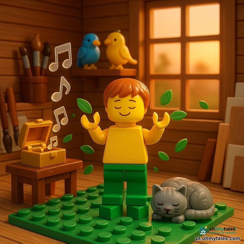 Um menino de 6 anos, rosto redondo, cabelo castanho-claro curto, expressão serena e sorridente, em pé sobre duas bricks verdes como raízes, braços erguidos em forma de “galho”, olhos fechados; uma gatinha cinza em bricks enrolada aos pés, olhos semicerrados; dois passarinhos em bricks (um azul, um amarelo) empoleirados numa prateleira de madeira LEGO atrás, cabeças inclinadas como se ouvissem música; uma pequena caixa de música em bricks com tampa dourada aberta sobre uma mesa de madeira LEGO à esquerda, emitindo notas estilizadas em bricks translúcidos; oficina em madeira quente, chão de tábuas, grandes janelas com pôr do sol laranja suave, pincéis, paletas e telas empilhados; cena central mostra o menino imóvel como uma árvore pacífica no diorama, luz dourada sobre os braços erguidos e folhas em bricks verdes flutuando ao redor; estilo: cores quentes, texturas amadeiradas, contrastes suaves, composição centrada e apaziguadora, rendu nítido e infantil.
