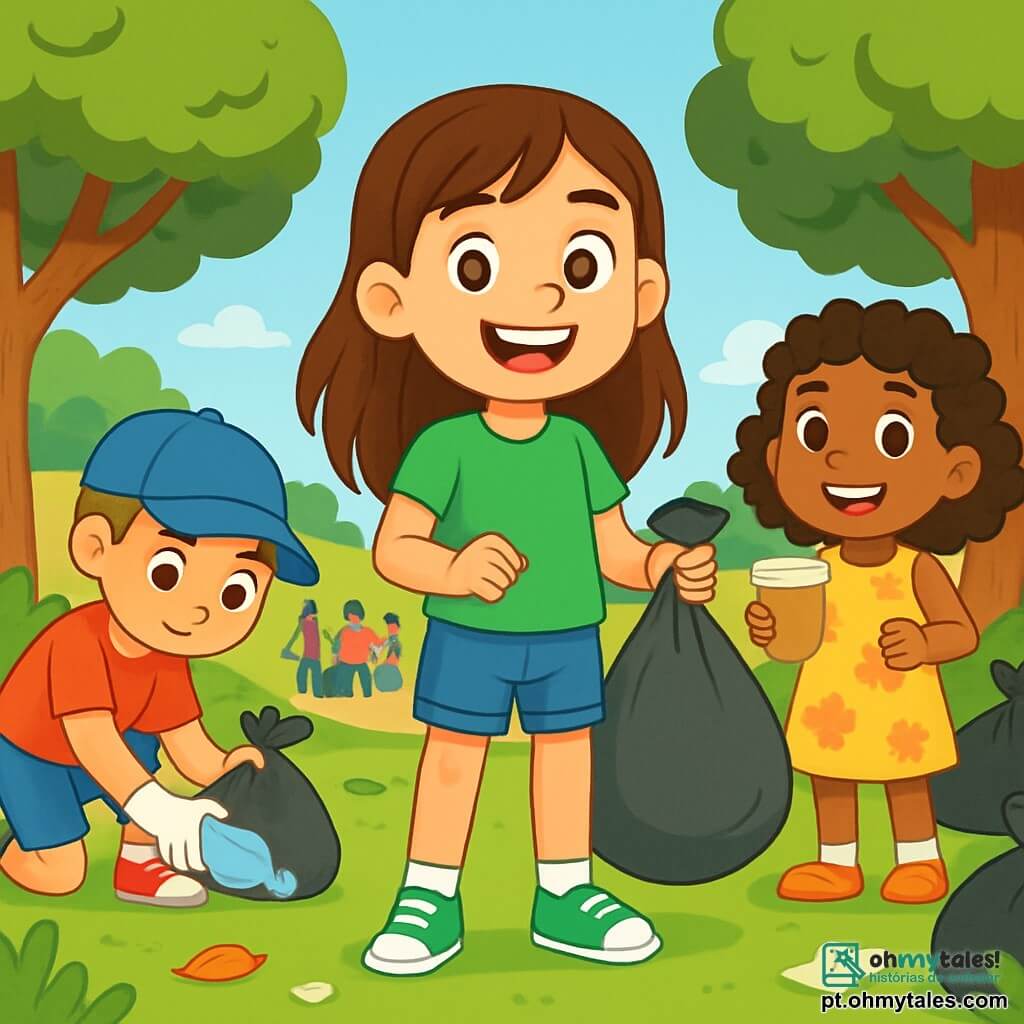 Há 3 personagens: - Ana: uma menina de 7 anos, com longos cabelos castanhos e olhos brilhantes. Ela usa uma camiseta verde e um short jeans, segurando um saco de lixo, sorridente e cheia de energia. - Miguel: um menino de 7 anos, com cabelo curto e um boné azul. Ele veste uma camiseta vermelha e tênis, está à esquerda de Ana, recolhendo uma garrafa plástica com uma expressão concentrada. - Luísa: uma menina de 7 anos, com cabelos cacheados e um vestido amarelo com flores. Ela está à direita de Ana, segurando um copo de papel e sorrindo, pronta para ajudar. O cenário é um parque verdejante, cheio de árvores majestosas e flores coloridas, com o chão coberto de folhas e pequenos lixos, sob um céu azul claro. Ao fundo, há um grupo de famílias reunidas, prontas para participar do dia de limpeza. A cena principal mostra os três amigos em ação, sorridentes e determinados, recolhendo lixo para deixar o parque mais limpo e bonito, cercados por sacos de lixo já cheios, simbolizando seu compromisso com a ecologia e a proteção da natureza.
