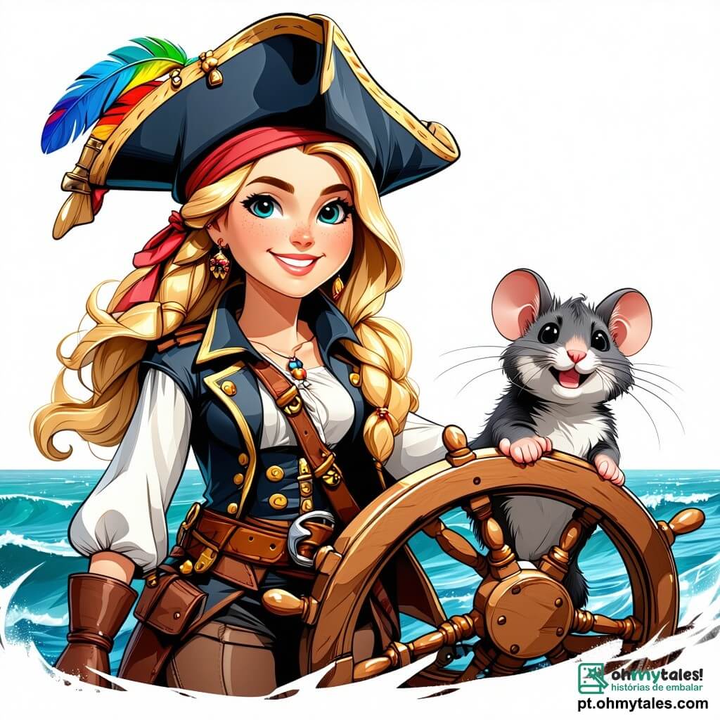 A cena mostra a Capitã Coragem, uma mulher pirata corajosa de cerca de 30 anos, com cabelos dourados ao vento, um grande sorriso no rosto, segurando firmemente o leme do seu barco, o "Sorriso do Mar". Ela usa um chapéu de pirata adornado com penas coloridas e uma jaqueta de couro, enquanto seus olhos brilham de excitação e determinação. Ao seu lado, Rato, um garoto de cerca de 10 anos, com cabelos bagunçados e um rosto travesso, conta uma piada, rindo alto, fazendo a Capitã Coragem sorrir. Mais atrás, Maré, uma jovem de cerca de 25 anos, com cabelos longos e castanhos, está pronta para defender o barco, com o olhar concentrado no horizonte, enquanto Búho, um homem mais velho de cerca de 50 anos, com óculos redondos e uma barba grisalha, segura um velho pergaminho, examinando atentamente o mapa do tesouro. O local é um oceano azul vibrante, com ondas suaves e uma ilha misteriosa ao fundo, coberta de vegetação luxuriante e flores coloridas, sob um céu ensolarado com nuvens brancas e fofas. A situação principal mostra a Capitã Coragem e sua tripulação em plena aventura, navegando em direção à ilha misteriosa em busca de um tesouro escondido, cheios de entusiasmo e espírito de equipe.