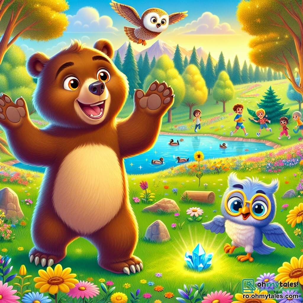 Bruno, un urs brun cu blanuri moi și strălucitoare, se află în centrul imaginii, cu ochii mari de uimire și un zâmbet larg pe față, în timp ce descoperă un parc minunat plin de flori colorate și copaci măreți. Lângă el, Oliviu, o bufniță înțeleaptă cu ochi mari și o pereche mică de ochelari pe nas, zboară ușor deasupra lui, având o expresie veselă și entuziastă, în timp ce arată cu degetul un cristal strălucitor așezat pe iarbă. Parcul este scăldat în lumină aurie, cu flori de culori vii, copii care râd și se joacă, și un lac strălucitor în fundal, unde rațele înoată liniștit. Situația principală îi arată pe Bruno și Oliviu în plină căutare a cristalului magic, înconjurați de frumusețea naturii și energia veselă a festivalului florilor.