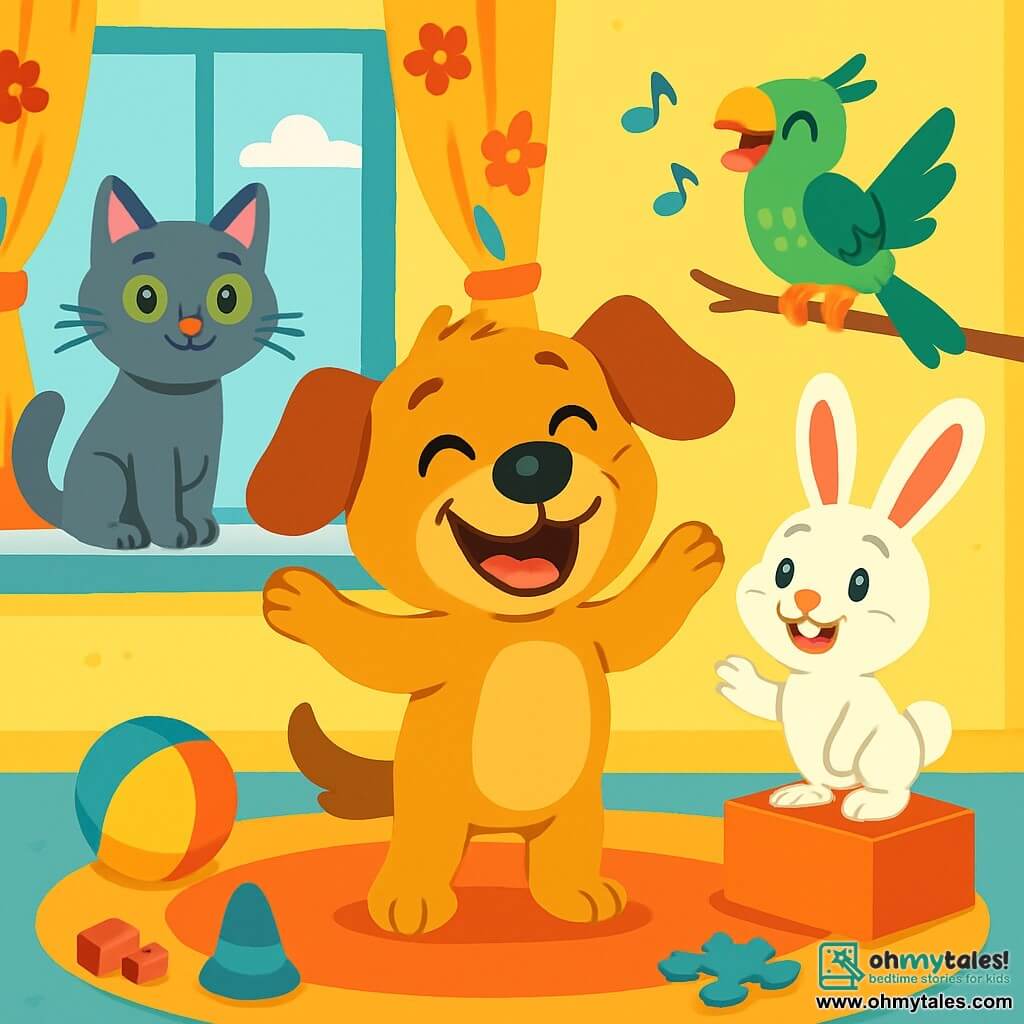 A joyful dog named Benny, with golden fur and sparkling eyes, stands at the center of the scene with his paws in the air, ready to tell a joke. He has a big smile showing his small white teeth. Next to him, Mimi, a gray cat with green eyes, sits on a windowsill, ears perked and tail wrapped around her paws, listening attentively. Hopper, a small rabbit with big ears and white fur, stands on a box, ready to jump enthusiastically. Pip, a parrot with bright green and yellow feathers, perches on a branch, singing joyfully. The scene takes place in a bright house with colorful decor, yellow walls, and floral-patterned curtains. A soft, fluffy rug is spread on the floor, and scattered toys add a cheerful touch. Benny is about to tell his joke, surrounded by his eager and smiling friends, ready to laugh together.