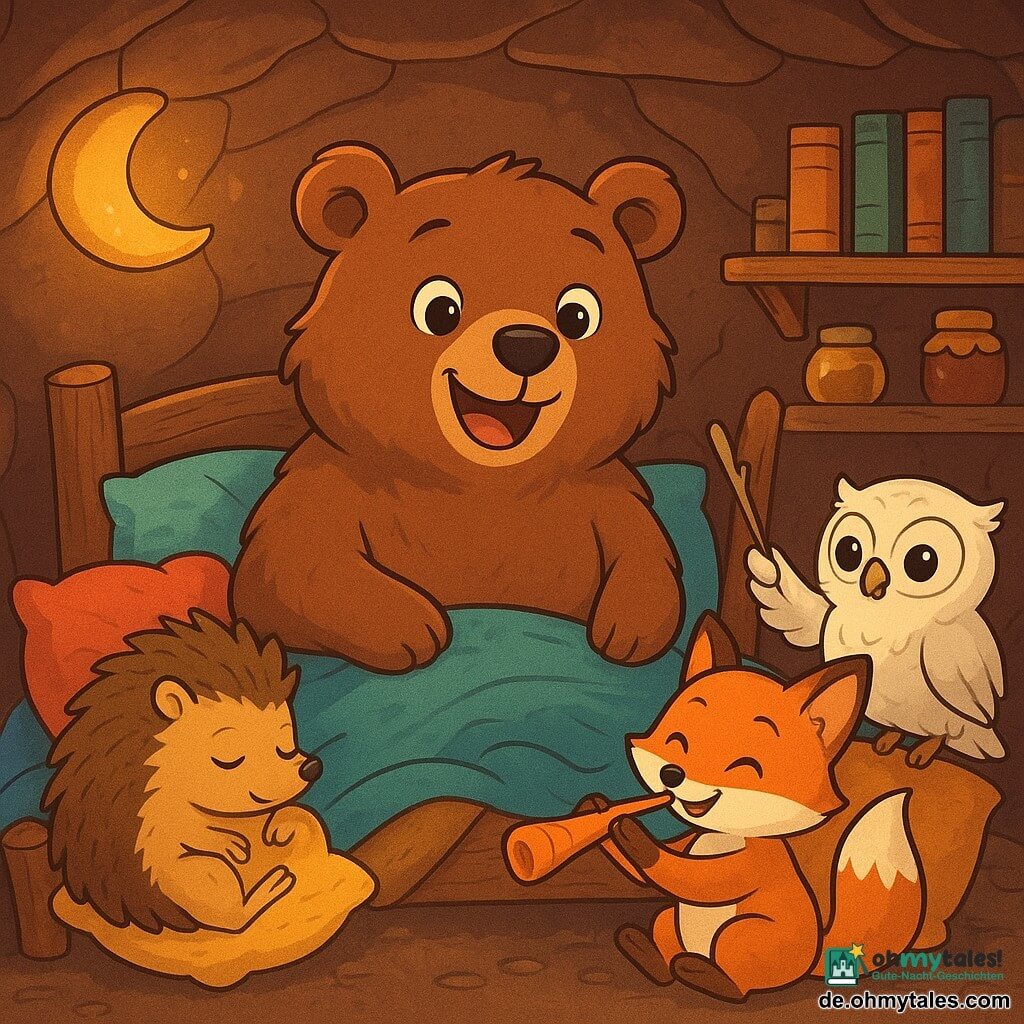 Ein großer Braunbär namens Brummel mit weichem, flauschigem Fell steht in der Mitte der Szene und zeigt ein fröhliches Lächeln und funkelnde Augen vor Aufregung. Er liegt auf einem rustikalen Holzbett, umgeben von bunten Kissen und kuscheligen Decken, bereit einzuschlafen. Zu seiner Rechten sitzt eine kleine Eule mit weißen Federn und großen runden Augen, die mit einem schelmischen Ausdruck auf der Bettkante sitzt und mit einem kleinen Stock aus einem Zweig ein Gute-Nacht-Konzert leitet. Links ist ein kleiner Igel mit goldenen Stacheln, der sich schlafend an ein Kissen kuschelt, während ein roter Fuchs mit einem buschigen Schwanz und einem schelmischen Lächeln auf einer Karotten-Trompete spielt und der Szene einen Hauch von Verrücktheit verleiht. Die Umgebung ist eine gemütliche Höhle, erleuchtet von dem sanften Licht einer mondförmigen Lampe, mit steinernen Wänden und Regalen voller Bücher und Honigtöpfe. Die Hauptsituation zeigt Brummel und seine Freunde, die zusammen singen und eine fröhliche und tröstliche Atmosphäre schaffen, während die Nacht sanft draußen hereinbricht und süße, lustige Träume verspricht.