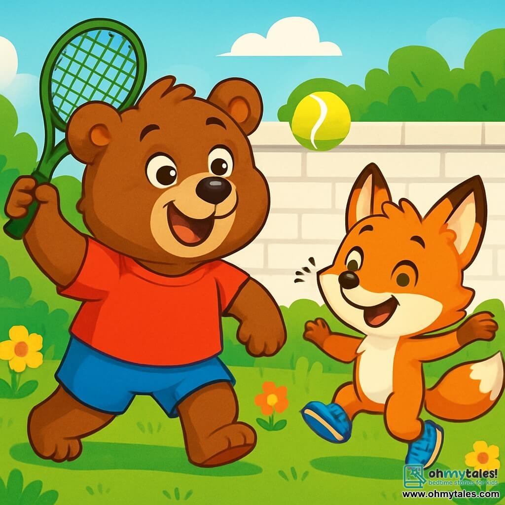 A brown bear named Bruno, with soft and shiny fur, wears a red t-shirt and blue shorts. He has a big joyful smile and sparkling eyes as he holds a green tennis racket, ready to hit a yellow ball. Next to him, a small orange fox named Flip, wearing sparkling running shoes, jumps with joy, showing a mischievous smile. They are in a green garden surrounded by colorful flowers and a white brick wall where the ball bounces. The scene depicts Bruno and Flip in action, excited to play tennis together, filled with energy and friendship.