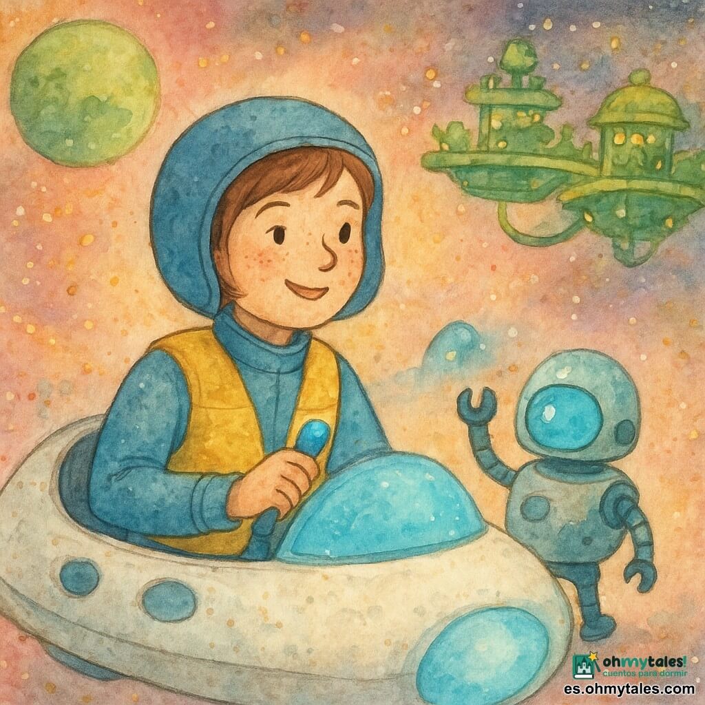 Clara, piloto sonriente y concentrada de rostro redondo y pelo castaño corto, viste un traje espacial azul suave y un chaleco amarillo plegado, sostiene una palanca brillante y mira un gran ojo de buey; a su lado rueda un pequeño robot cartógrafo metálico del tamaño de un balón con una bombilla azul tenue que levanta un brazo; la La Lúa, una pequeña lanzadera blanca y redondeada con paneles lisos, ventanas ovales y un escudo translúcido azul claro en la proa, se aproxima lentamente mientras el anillo de cometas brilla con polvo rosa y dorado; al fondo, la Luna Verde aparece como una estación vegetal con jardines flotantes, pasarelas curvas y luces cálidas; la escena, en tonos suaves y pastel, sugiere movimiento y estrellas con texturas de acuarela y salpicaduras controladas.