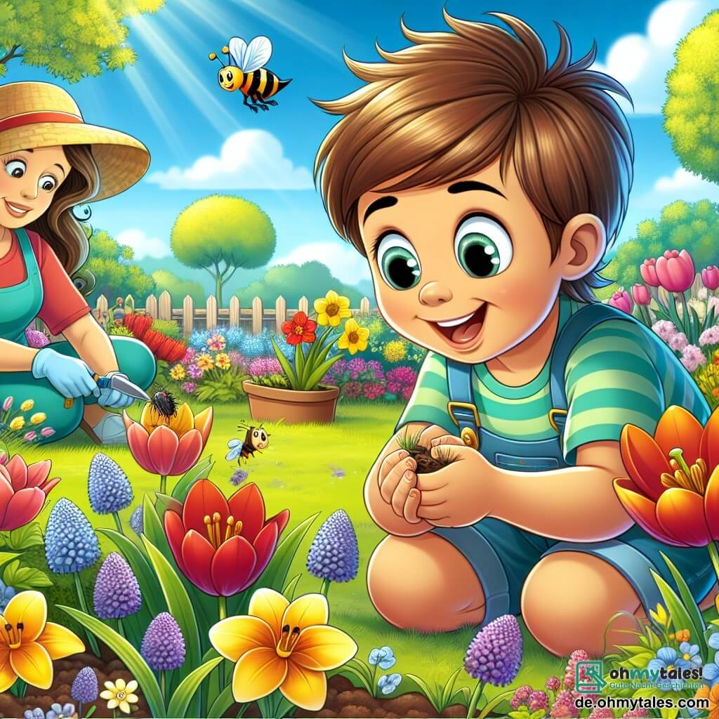 Ein 8-jähriger Junge namens Felix sitzt in einem sonnigen Garten, umgeben von bunten Blumen, die unter der warmen Frühlingssonne blühen. Er hat kastanienbraune Haare, neugierige Augen und ein breites Lächeln, während er aufmerksam eine kleine Biene beobachtet, die von Blume zu Blume fliegt. In der Nähe ist seine Mutter, eine Frau in den Dreißigern mit langen braunen Haaren, die das Unkraut im Garten jätet. Sie trägt ein buntes T-Shirt und einen Strohhut und lächelt, während sie ihren Sohn beobachtet, der die Welt um sich herum erkundet. Der Garten ist voller lebendiger Farben mit roten Tulpen, gelben Narzissen und Veilchen, während Vögel in den Bäumen singen. Der Himmel ist strahlend blau, mit einigen flauschigen weißen Wolken. Felix, fasziniert von der Schönheit der Natur, hockt sich nieder, um die Insekten, die um die Blumen herumfliegen, aus der Nähe zu beobachten und die Wunder des Frühlings zu entdecken.