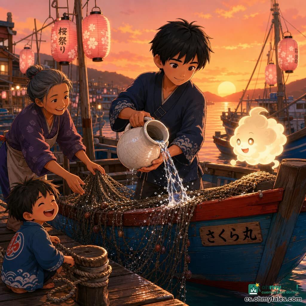 Haru, un chico de unos 14 años de rostro dulce y pelo negro corto, con expresión sincera y serena, vierte agua clara desde una jarra de cerámica blanca vidriada que forma gotas luminosas sobre redes de pesca; junto a él, en la proa de un pequeño barco de madera, flota un pequeño kami luminoso como una nube con ojos brillantes tipo luciérnagas que sonríe travieso. En el muelle a la izquierda, una mujer pescadora adulta de unos 40 años, piel bronceada y pelo gris recogido en moño, sonríe y extiende la mano hacia las redes; cerca de las amarras juega un niño pescador de unos 8 años, pelo alborotado y chaqueta azul, riendo. El lugar es un pequeño puerto japonés al crepúsculo con muelles de madera acanalada, barcos pintados de azul y rojo, redes colgadas, faroles de papel rosa en los mástiles y reflejos dorados y salmón en el agua tranquila. La escena principal muestra a Haru bendiciendo las redes con el kami flotando en el bote; luz suave del atardecer, atmósfera cálida y apacible, detalles nítidos como gotas centelleantes, textura craquelada de la cerámica, madera mojada brillante y motivo de sakura en un farol. Estilo visual: 3D cartoon cel-shading, colores saturados pero suaves, contornos definidos y expresiones faciales emotivas, composición centrada en Haru y la jarra.