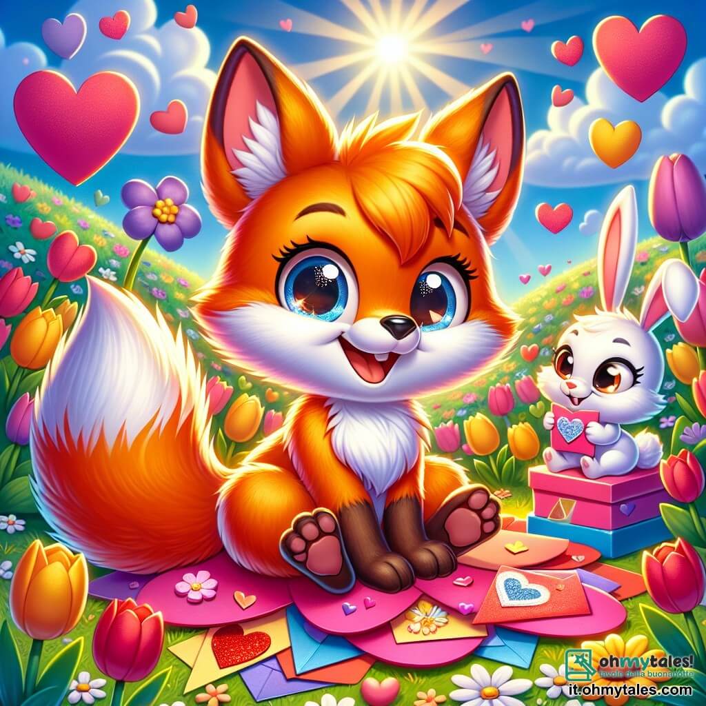 Un piccolo volpe dai brillanti peli arancioni e dalla coda folta, con occhi scintillanti di gioia, è seduto in mezzo a un campo fiorito, circondato da cuori di carta colorati. Sorride ampiamente, tenendo in mano una carta di San Valentino decorata con paillettes, pronto a offrirla ai suoi amici. Vicino, una piccola coniglietta con grandi orecchie e pelo bianco, con uno sguardo meravigliato e un sorriso radioso, ammira le carte. È seduta su un grande fiore, con le zampe incrociate, impaziente di scoprire la sorpresa. Il luogo è un campo vibrante di colori, punteggiato di tulipani e margherite, sotto un cielo blu splendente con alcune nuvole soffici. I raggi di sole illuminano la scena, creando un'atmosfera gioiosa e festosa. La situazione principale mostra il piccolo volpe che prepara carte di San Valentino per i suoi amici, circondato da fiori e cuori, celebrando l'amicizia con entusiasmo e creatività.