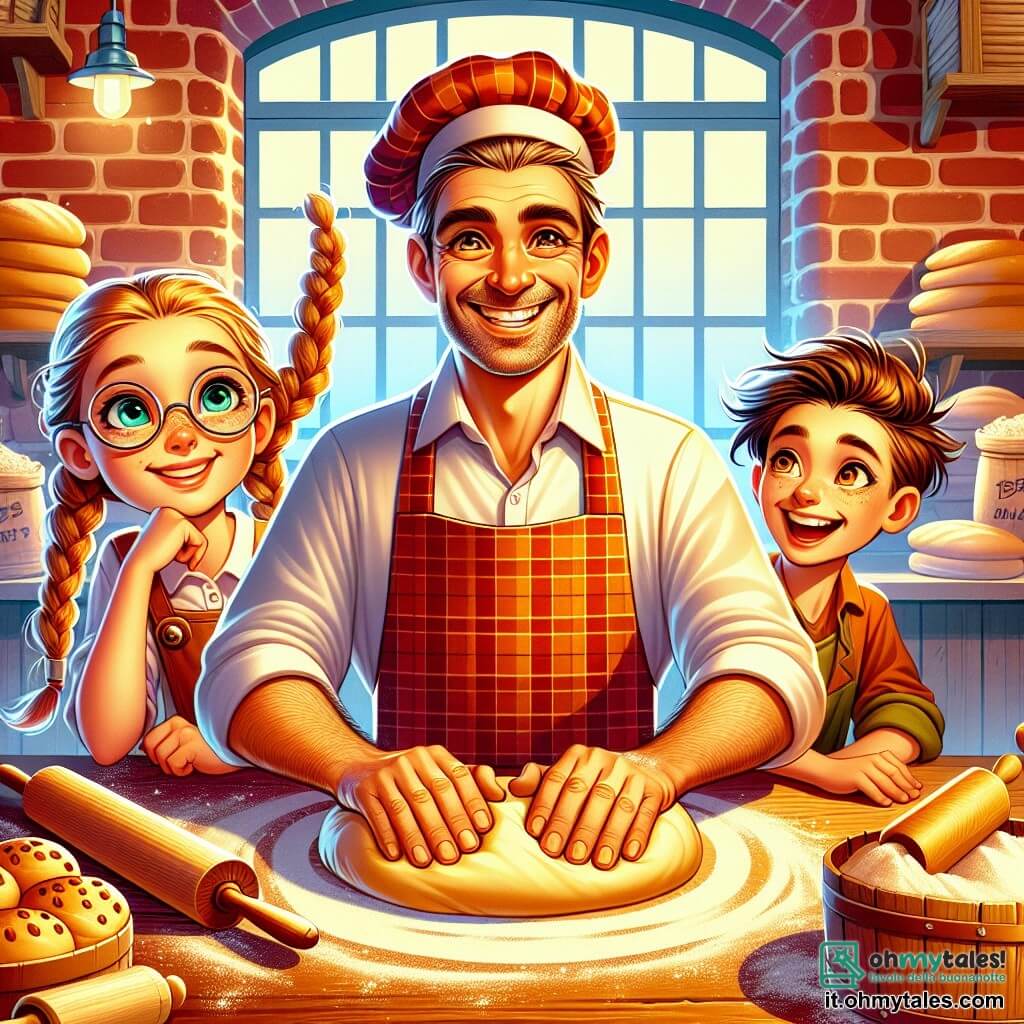 Un uomo, Giovanni, è al centro dell'immagine, con un grande sorriso caloroso e occhi scintillanti di gioia. Indossa un vecchio grembiule a quadri rossi e un cappello da panettiere, con i capelli castani leggermente arruffati. Sta impastando un impasto dorato su un grande tavolo di legno, circondato da sacchi di farina e utensili da panetteria. Alla sua destra, Anna, una bambina di 8 anni con capelli biondi intrecciati e occhiali rotondi, osserva attentamente, le mani sui fianchi, affascinata dal processo. Alla sua sinistra, Luca, un ragazzo di 7 anni con capelli castani disordinati e un sorriso malizioso, prova a modellare un piccolo pane, con la farina cosparsa sul naso. Samir, un altro ragazzo di 8 anni con capelli neri e occhi vivaci, è in piedi dietro di loro, con un mattarello in mano e ride gioiosamente. La scena si svolge in un forno accogliente, con muri in mattoni rossi e scaffali in legno pieni di pani dorati e dolci colorati. La luce morbida del mattino filtra attraverso una finestra, illuminando la farina nell'aria e creando un'atmosfera accogliente. Giovanni e i bambini si divertono insieme a creare pani, condividendo risate e gioia, mentre il profumo del pane caldo riempie l'aria, promettendo una bella giornata di panificazione.