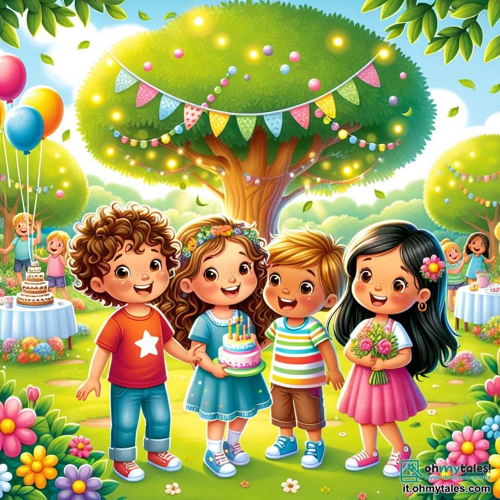 In un parco soleggiato, quattro bambini di cinque anni si trovano insieme, circondati da fiori colorati e palloni fluttuanti. **Luca**, un ragazzo dai capelli ricci e castani, tiene una lettera colorata e guarda i suoi amici con entusiasmo. **Marco**, con i capelli biondi e corti, indossa una maglietta rossa e salta d'eccitazione. **Sara**, una bambina dai capelli lunghi e neri in abito rosa, tiene un mazzo di fiori e ha gli occhi pieni di gioia. **Giulia**, con i capelli castani e una frangia, indossa una gonna blu e sorride mentre tiene una lettera. Il parco è verdeggiante, con un grande albero sullo sfondo, tavoli decorati con dolci e bevande, e famiglie che ridono e si divertono. I bambini sono pronti a offrire le loro lettere magiche alle mamme, circondati da un'atmosfera festosa e gioiosa.
