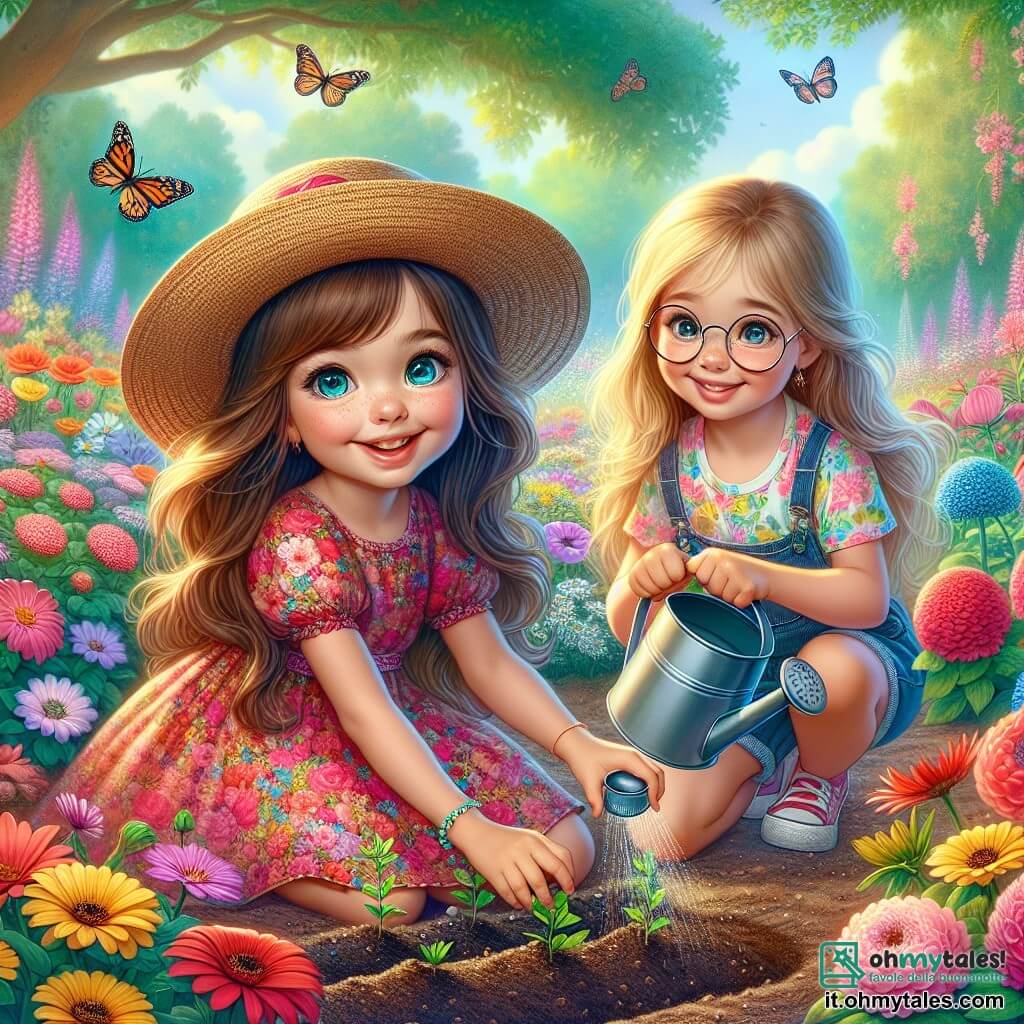 Una ragazza di 8 anni, Sofia, con lunghi capelli castani e occhi pieni di curiosità, sta piantando semi di fiori in un giardino colorato. Indossa un bel vestito a fiori e un cappello di paglia che le conferisce un'aria gioiosa. Il suo viso brilla di eccitazione e felicità mentre si inginocchia nella terra soffice. Accanto a lei, la sua migliore amica Emma, anch'essa di 8 anni, con capelli biondi e occhiali tondi, annaffia delicatamente i semi con un piccolo annaffiatoio. Sorride, piena di entusiasmo, indossando una maglietta colorata e un pantaloncino di jeans. Il giardino è un luogo incantevole, pieno di fiori dai colori vivaci: rossi, gialli, blu e viola, circondato da alberi verdi e un cielo azzurro punteggiato di nuvole bianche e soffici. Farfalle volano intorno a loro, aggiungendo un tocco di magia alla scena. Sofia ed Emma, concentrate e felici, stanno creando un magnifico giardino primaverile, simbolo della gioia e della bellezza della natura che rinasce dopo l'inverno.
