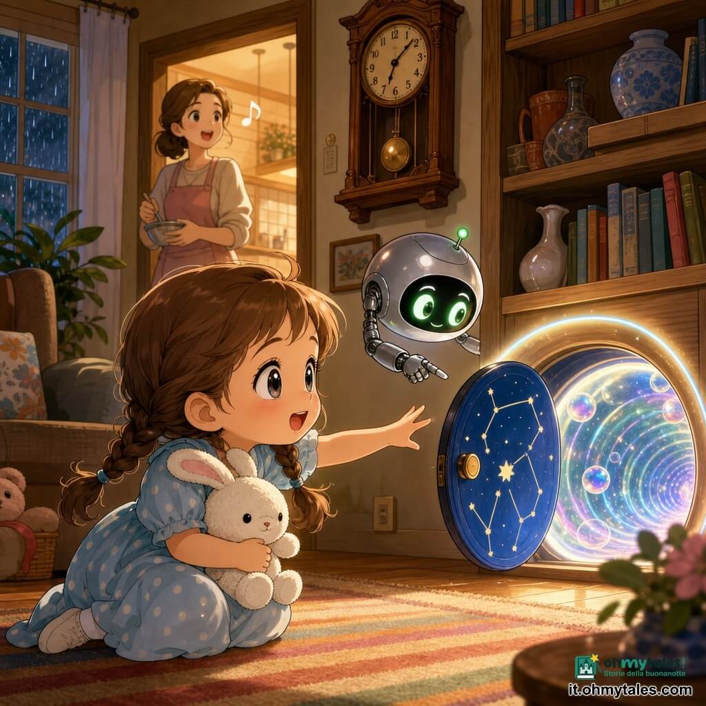 Una bambina di 4 anni, stupita e curiosa, occhi grandi e brillanti, due trecce castane, vestito azzurro a pois, tiene un coniglietto di peluche bianco e porge la mano verso una piccola porta rotonda luminosa vicino a una libreria; un robottino Plico, piccolo e rotondo, metallo argento con occhi verdi luminosi e aria maliziosa ma benevola, fluttua accanto alla porticina indicando un tunnel di bolle scintillanti con un braccio articolato; la mamma (circa 30 anni), con i capelli raccolti e un grembiule rosa, è sullo sfondo in cucina che canta e guarda verso il soggiorno; il salotto è caldo e accogliente con luce soffusa, una grande orologio da parete in legno e pioggia lieve alla finestra; la porticina è un disco blu punteggiato di stelle circondato da un alone chiaro e da un tunnel di bolle che respira come una bolla di sapone, la bambina scopre questa porticina temporale luminosa pronta a entrare mentre Plico la guida e la mamma osserva dalla cucina.