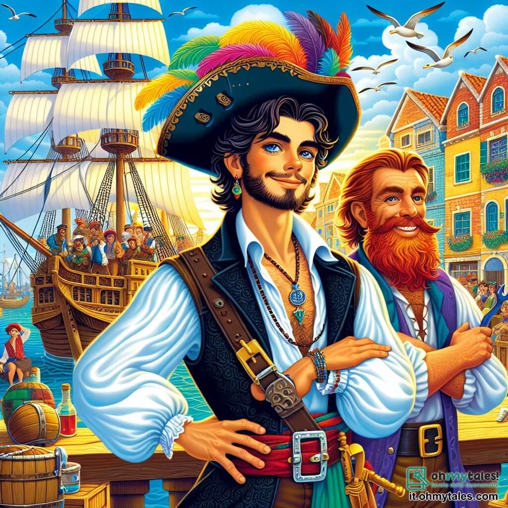 Un uomo, Vasco, si erge orgogliosamente sul ponte della Vela Nera, con un'espressione determinata e occhi brillanti di avventura. Indossa un cappello da pirata decorato con piume colorate, una camicia bianca leggermente sgualcita e un lungo cappotto nero che svolazza nel vento. Al suo fianco, Martino, un uomo robusto di circa 40 anni, con una barba rossa e braccia muscolose, brandisce una chiave inglese, pronto a riparare la nave. Sorride con sicurezza, mostrando grande fiducia. Lo scenario è un porto animato, con vele bianche che si ergono nel cielo blu, case in legno colorate e mercanti che chiamano per vendere le loro merci. Gabbiani volano sopra, aggiungendo vita alla scena. Vasco e Martino stanno pianificando la loro prossima avventura, circondati da casse di tesori scintillanti e mappe antiche, mentre il sole tramonta all'orizzonte, colorando il cielo di tonalità calde e dorate.