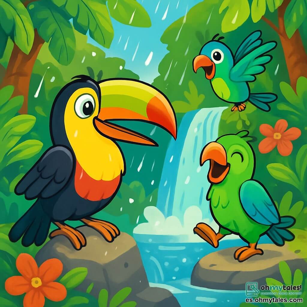 Un tucán alegre y curioso, con un plumaje brillante de amarillo, negro y rojo, está al borde de una cascada reluciente, sus grandes ojos brillando de emoción. Se prepara para zambullirse en el agua fresca, con las alas ligeramente extendidas, listo para divertirse. Junto a él, un loro colorido, con plumas verdes y azules, expresa una alegría contagiosa, riendo y saltando sobre una piedra lisa, mientras un pequeño colibrí de colores vivos vuela alrededor de la cascada, admirando el espectáculo. El lugar es una jungla exuberante, con árboles majestuosos de hojas brillantes, flores tropicales de colores vivos y una cascada de agua cristalina que cae en una piscina natural. La escena principal muestra al grupo de aves disfrutando de un día de aventura bajo la lluvia, descubriendo la belleza de la naturaleza y divirtiéndose juntos, creando recuerdos inolvidables en este rincón mágico del mundo.