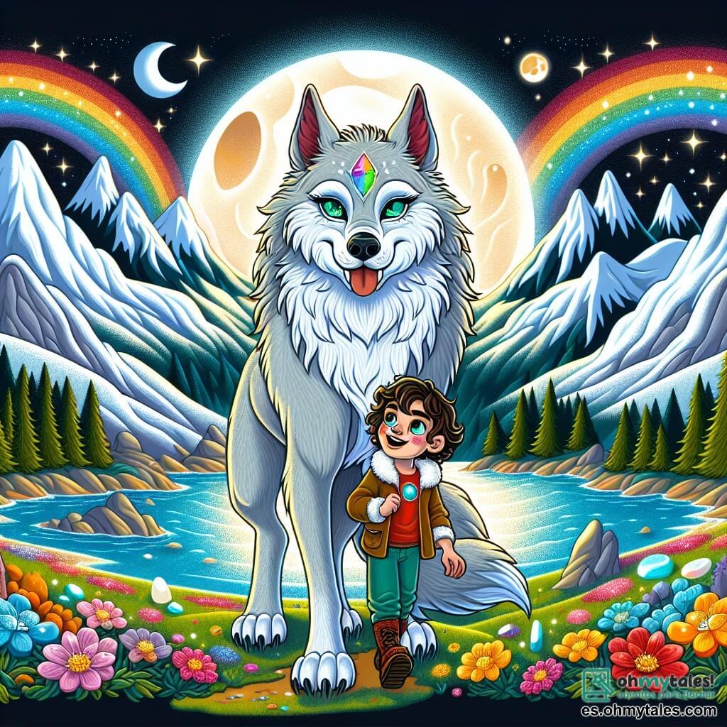 En la cima de una majestuosa montaña, un hombre lobo llamado Lyra se erige con orgullo. Su pelaje plateado brilla bajo la luz de la luna, y sus ojos esmeralda destilan emoción y sabiduría. Mira con determinación a un niño llamado Leo, de unos 8 años, que está a su lado. Leo tiene el cabello rizado y ojos brillantes, y sonríe con entusiasmo mientras sostiene una gema colorida en su mano. Su entorno es un paisaje encantador, con cumbres nevadas que se alzan contra un cielo estrellado y un arcoíris brillante que emerge de una nube de nieve. Flores mágicas de colores vivos rodean el camino, y un lago cristalino refleja la luz de las estrellas. La escena principal muestra a Leo y Lyra celebrando su victoria tras haber salvado el santuario mágico, rodeados de luz y magia, listos para proteger su mundo fantástico juntos.