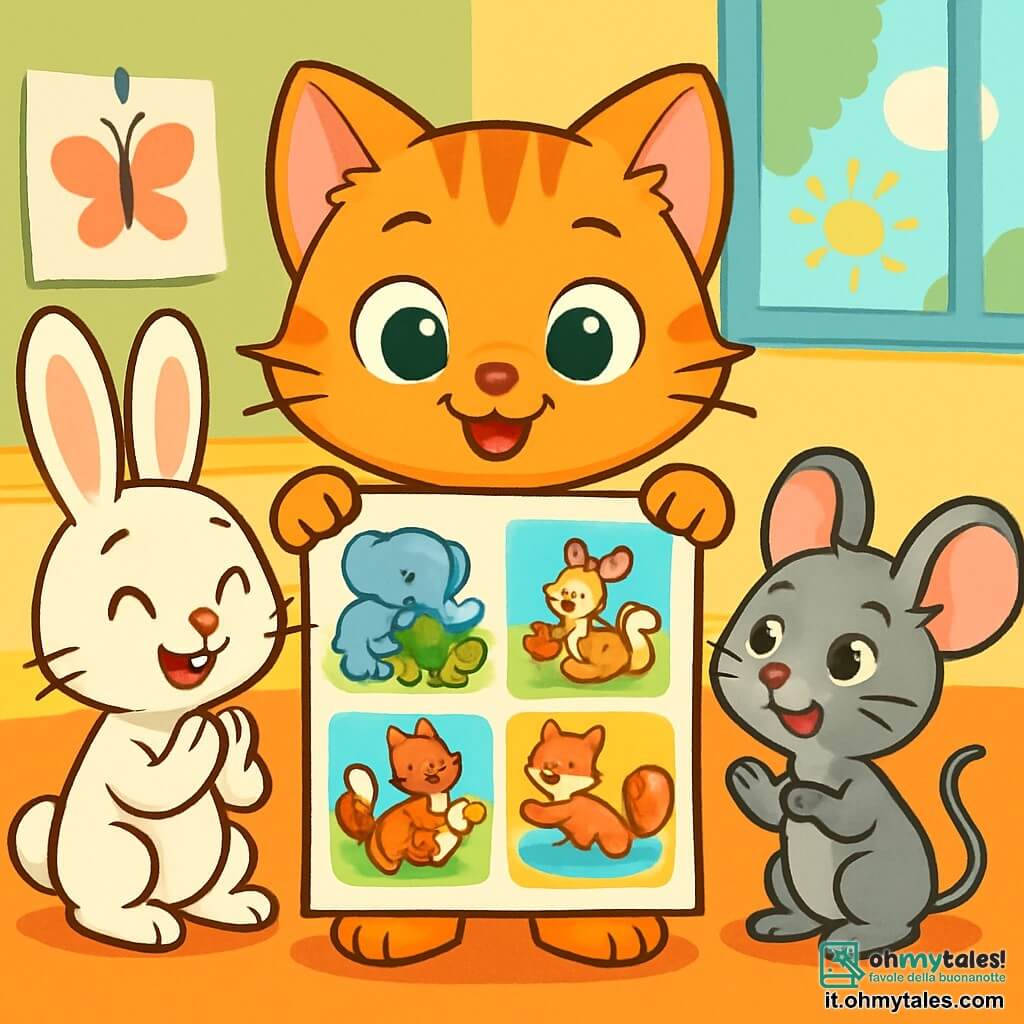 Un piccolo gattino arancione di nome Leo, con grandi occhi verdi brillanti e una dolce pelliccia, si trova al centro dell'immagine, con un'espressione determinata e gioiosa, mentre tiene un grande poster colorato con disegni di animali che si aiutano a vicenda. Alla sua destra, Mia la coniglietta, con il suo pelo bianco e orecchie lunghe e morbide, sorride e applaude, mostrando il suo sostegno a Leo. A sinistra, Tom il topolino, con un corpo grigio e occhi scintillanti, guarda il poster con ammirazione, con un sorriso caloroso sul volto. Sullo sfondo si vede un'aula luminosa, con muri dipinti di colori vivaci, disegni appesi e finestre che lasciano entrare la luce del sole. La scena principale mostra Leo che presenta il suo poster sulla gentilezza agli altri piccoli animali, tutti riuniti attorno a lui, ad ascoltare attentamente e condividere sorrisi, creando un'atmosfera di amicizia e sostegno.