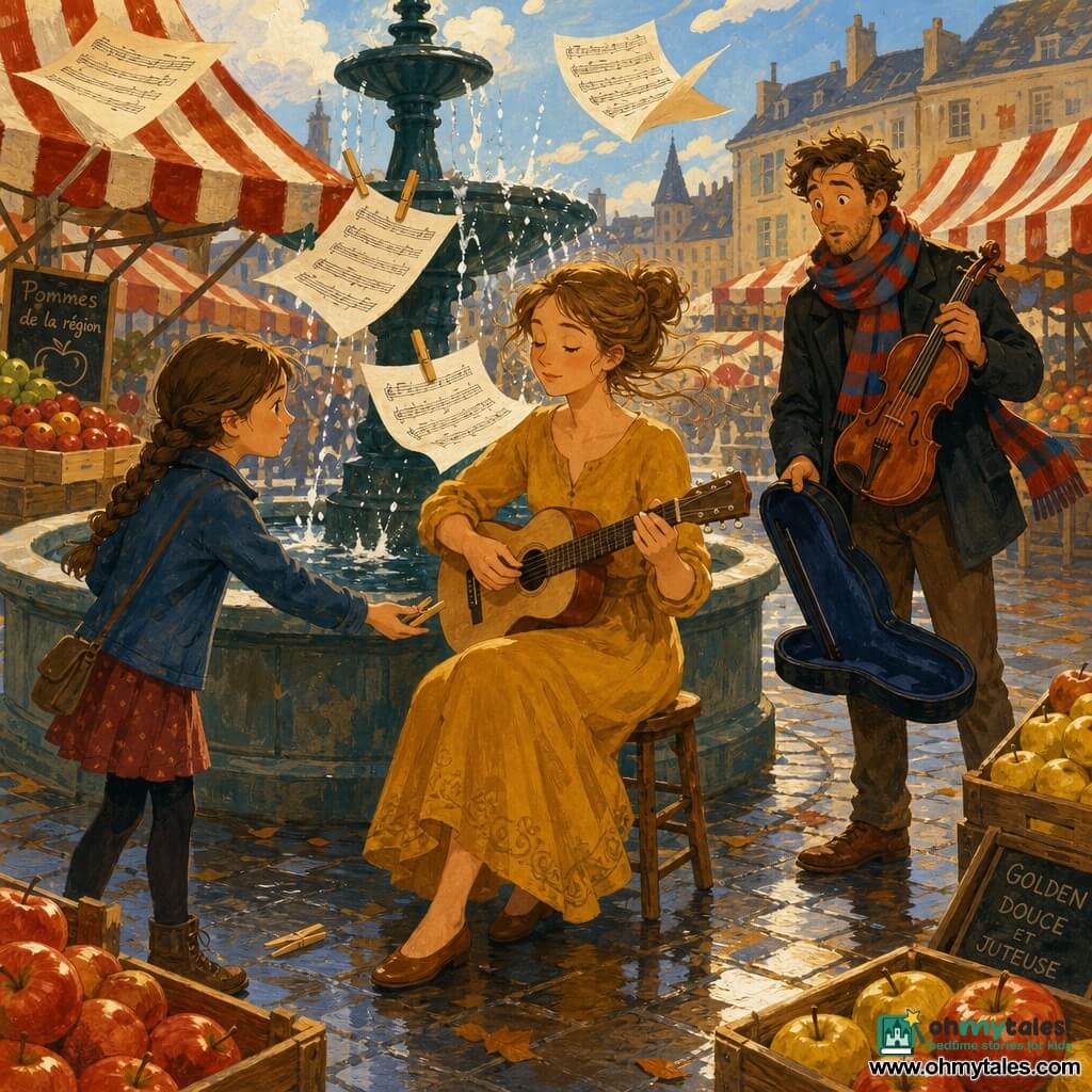 A singer-musician with a serene, focused face, light brown hair in a loose bun, soft eyes, wearing a light mustard dress, seated on a small stool by a fountain holding a small light wooden guitar and clipping wooden clothespins to sheet music that floats. A serious girl of about 10, brown hair in a braid, attentive expression, reaching to return a dropped clothespin, standing in the foreground to the left of the fountain. An adult violinist in his thirties with a red-and-blue striped scarf, surprised and curious, holding an open violin case, standing a few steps to the right of the singer, ready to join. Market square with wet cobbles, red-and-white striped stall awnings, crates of red and yellow apples, a large fountain basin with white-splash highlights, fabric veils blowing in the wind. Main scene: a windy morning with fluttering sheet music and clicking wooden pins, the singer adjusting her sheets and playing a gentle melody while the girl hands back a pin and the violinist listens, warm harmonious atmosphere with warm colors and visible gouache textures.