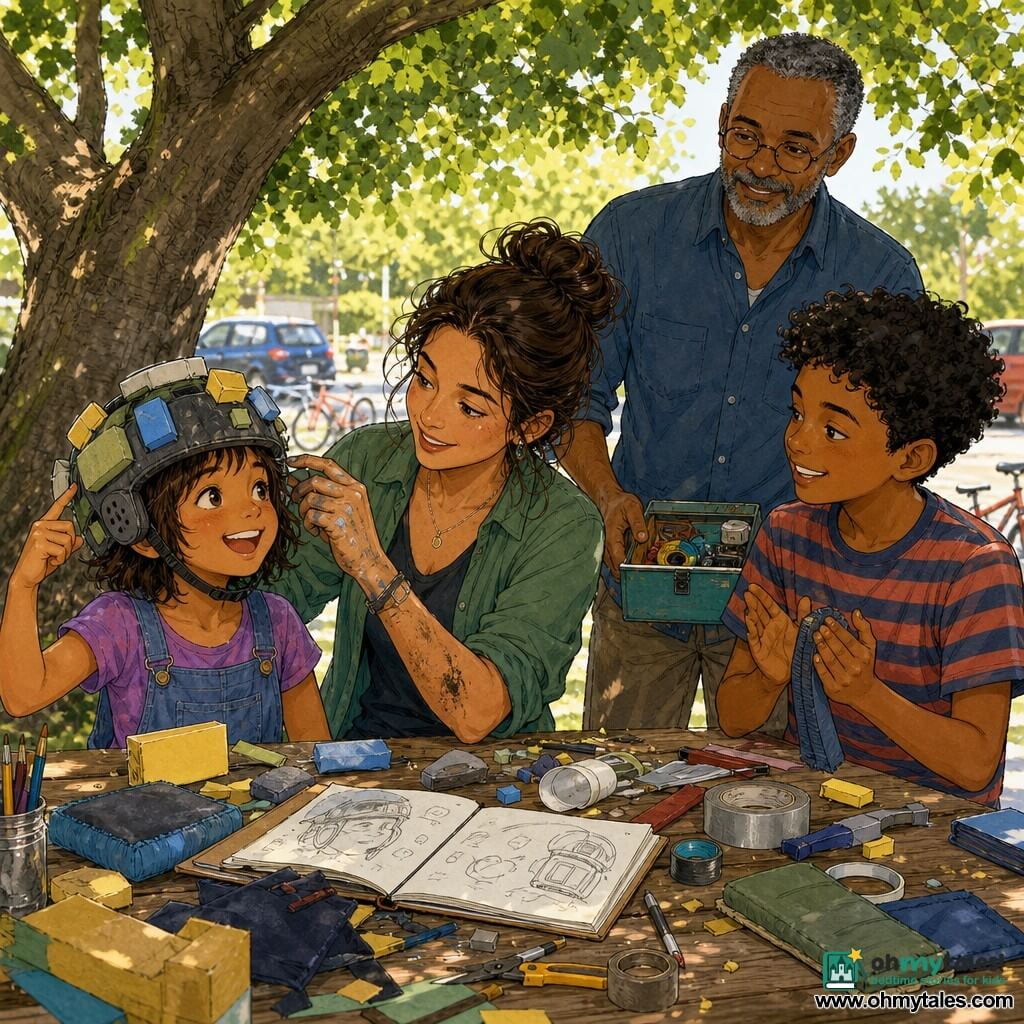 Female inventor, about 30–35, brown hair in a messy bun, focused smiling expression, hands with small traces of glue and pencil, adjusting a homemade headset on a picnic table; Junie, ~7, short tousled hair, surprised joyful expression, wearing the headset and pointing at new foam pads, to the woman's left; Tom, ~9, striped t-shirt, mischievous smile, handing a fabric strip and clapping softly, standing to the woman's right; Mr. Dax, ~50, short gray beard, round glasses, calm attentive posture, holding an open small toolbox on the table behind her; Setting: daytime rest area, wooden table under a large leafy tree casting dappled shadows, cars and bikes blurred in the background, cushions, foam scraps, tape and sketches scattered on the table; Main situation: a friendly DIY test session—she adjusts foam inserts in the headset, the children watch delightedly, warm afternoon light, atmosphere of teamwork, experimentation and creative fun.